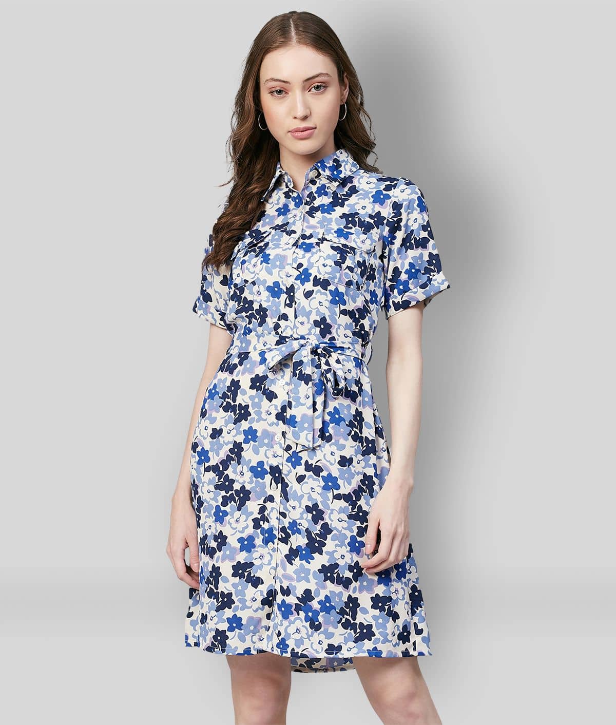StyleStone Women Crepe Printed Shirt Dress ( Blue )