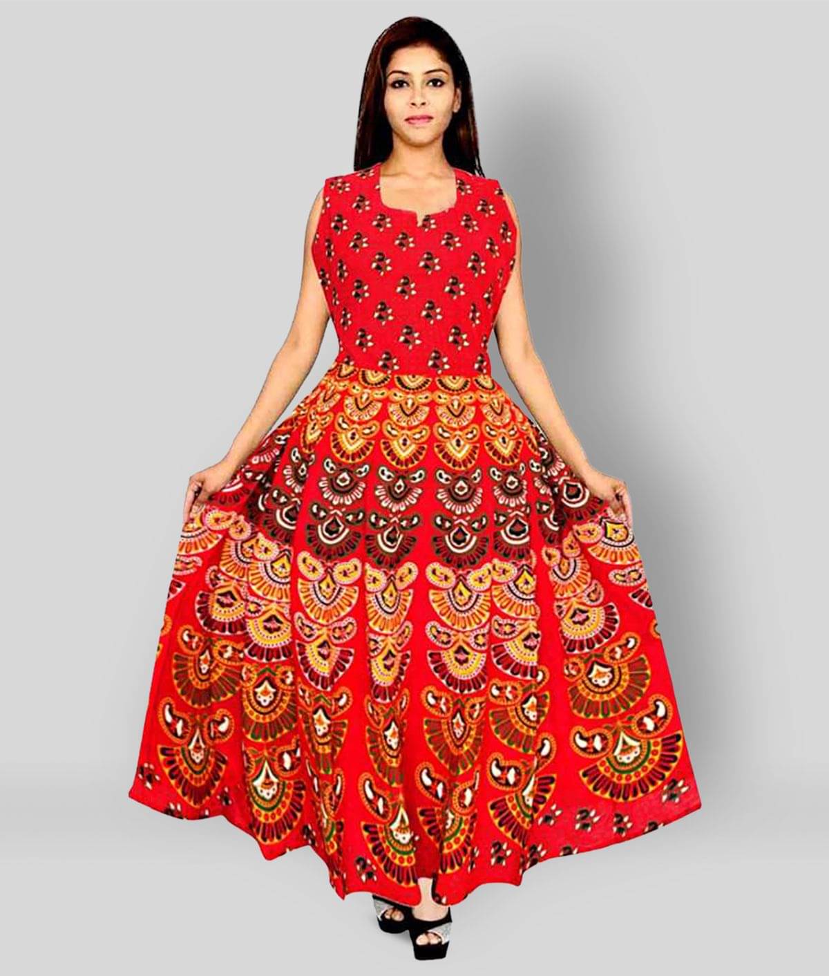 Urbanera Women Cotton Ethnic Dress ( Red ) Urbanera Women Cotton Ethnic Dress ( Red )