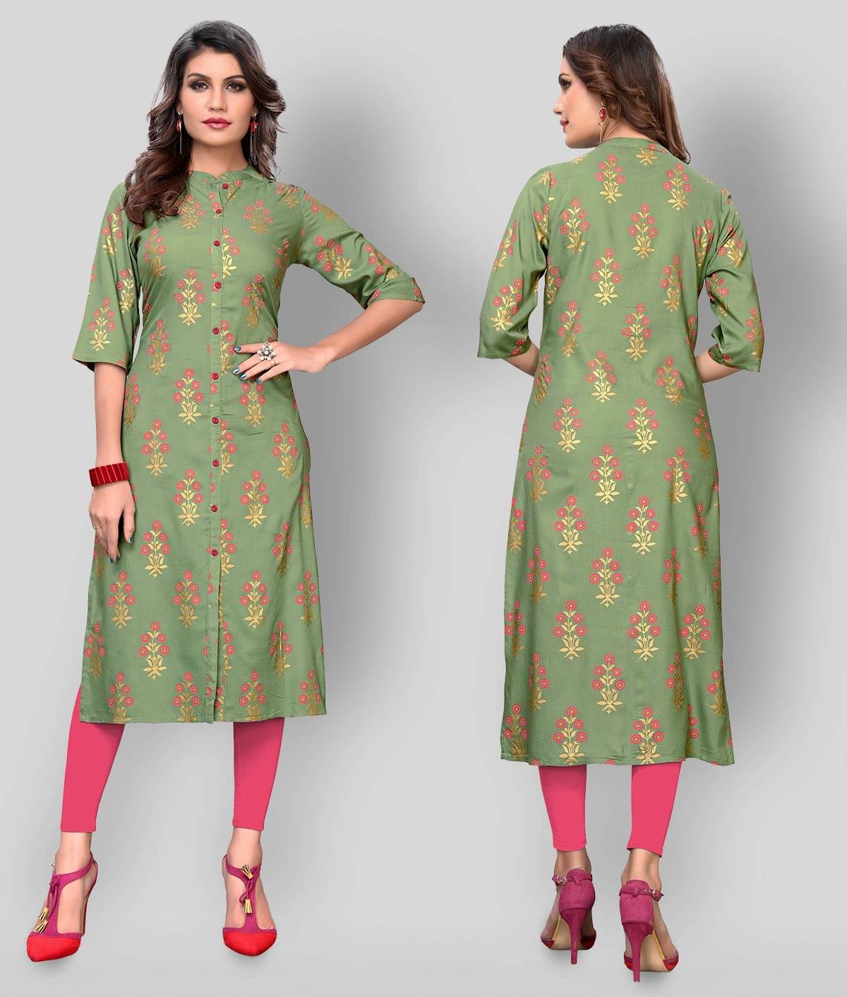 Vbuyz - Green Rayon Women's Front Slit Kurti ( Pack of 1 )     			Vbuyz - Green Rayon Women's Front Slit Kurti ( Pack of 1 )