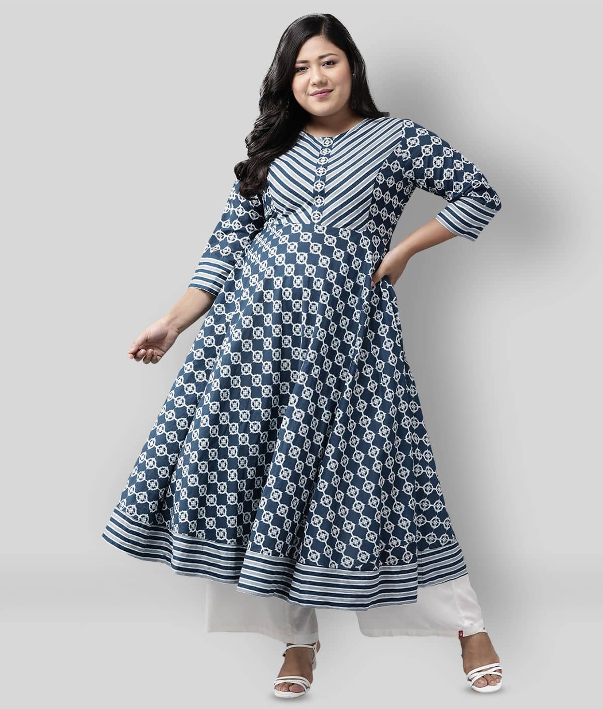 Yash Gallery Pack of 1 Cotton Printed Flared Women's Kurti - ( Blue ) - Kurtis, Tunics | Buy online on ZillyBuy