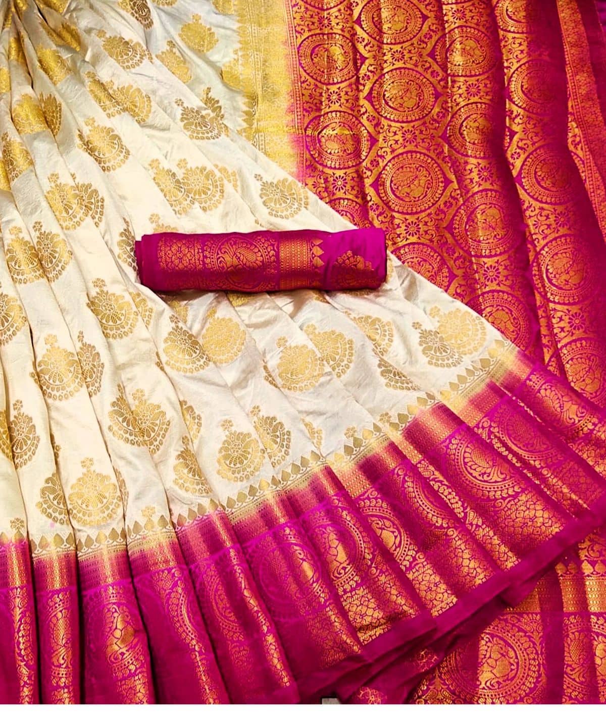 fab woven Banarasi Silk Self Design Saree With Unstitched Blouse Piece ( White ) - Sarees | Buy online on ZillyBuy