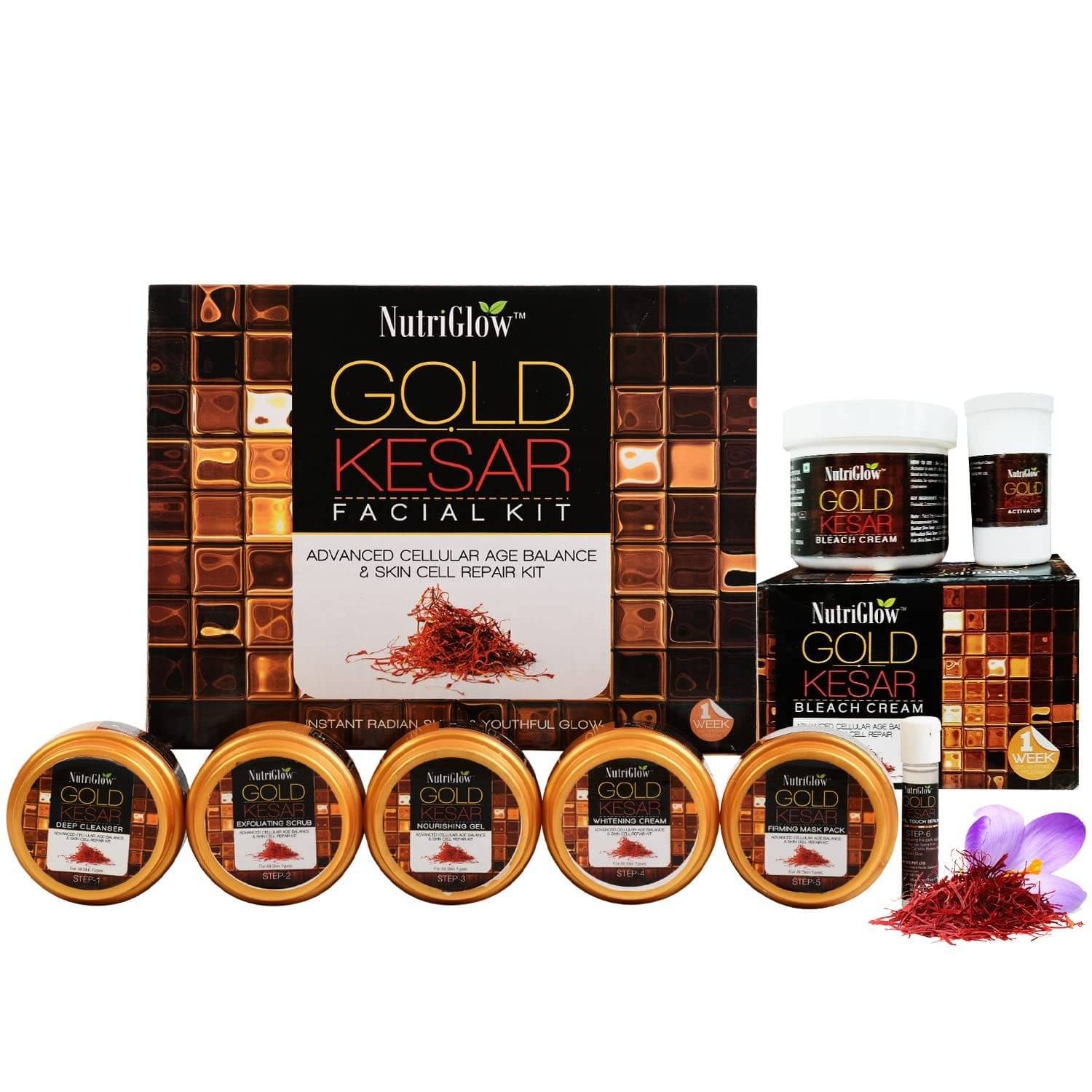     			NutriGlow Gold Kesar Facial Kit (250gm + 10ml) with Bleach Cream (43gm) for Glowing Skin, Spotless & Hydrated Skin, Pack Of 3