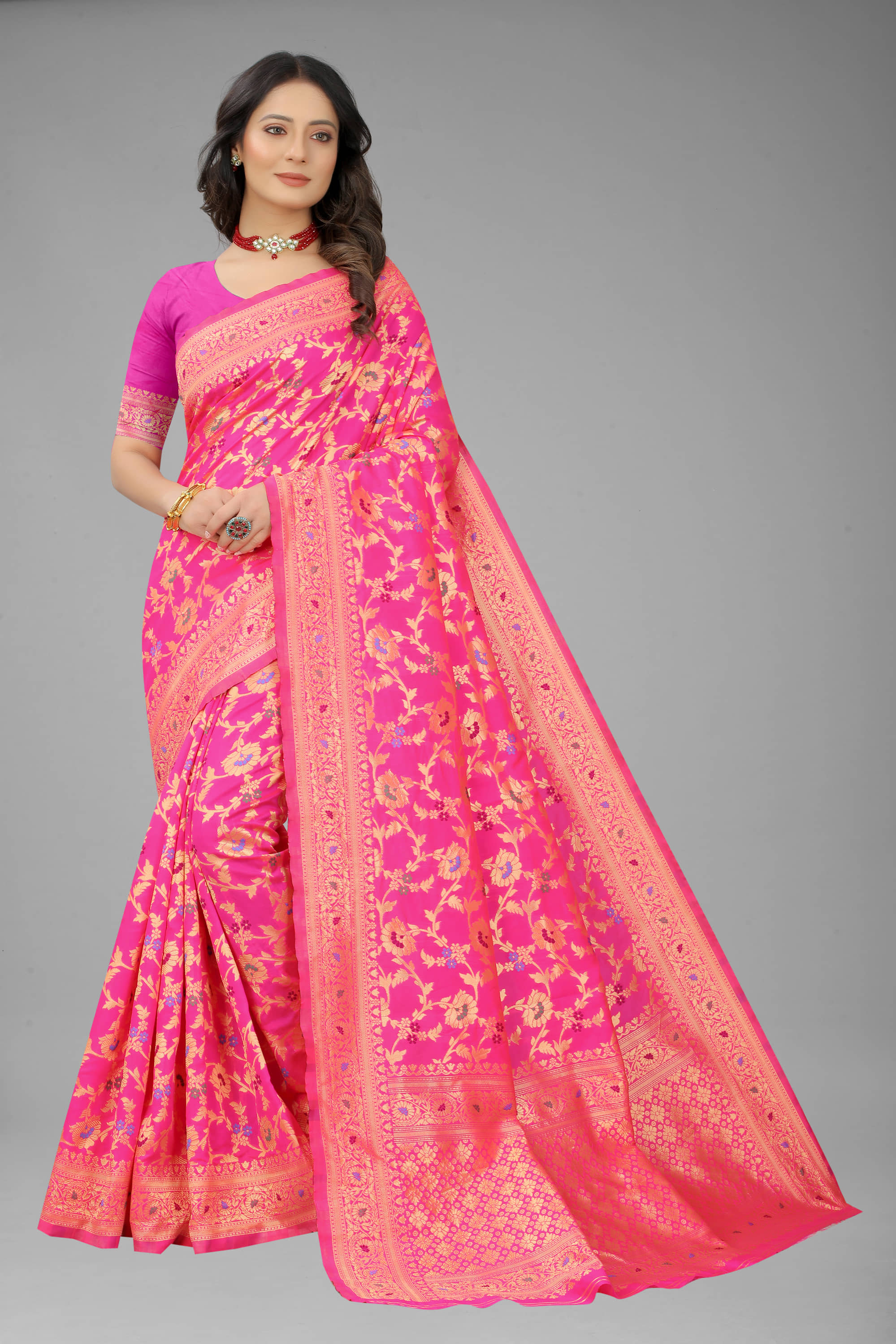 NENCY FASHION Banarasi Silk Self Design Saree With Unstitched Blouse Piece ( Pink ) - Sarees | Buy online on ZillyBuy