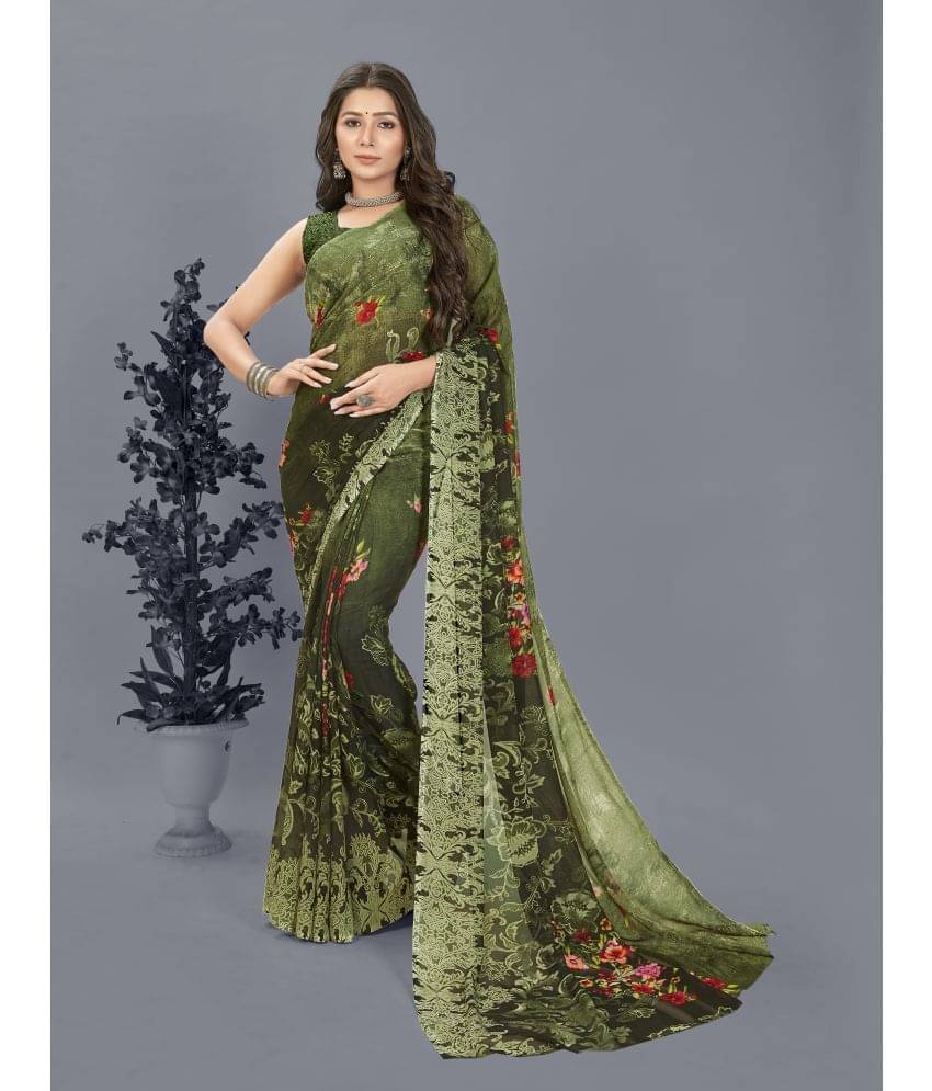 ANAND SAREES Georgette Printed Saree With Unstitched Blouse Piece ( Green ) ANAND SAREES Georgette Printed Saree With Unstitched Blouse Piece ( Green )