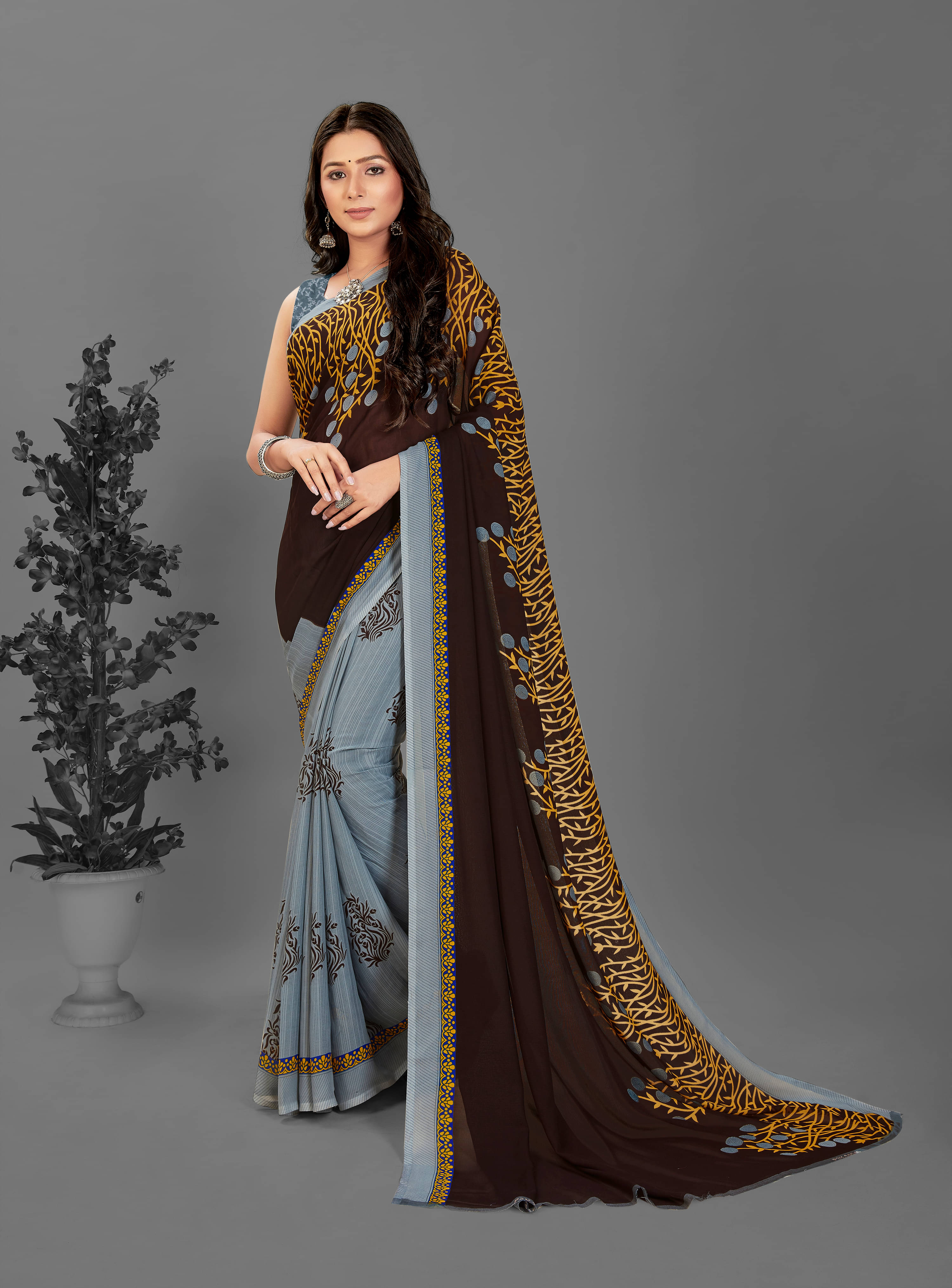     			ANAND SAREES Georgette Printed Saree With Unstitched Blouse Piece ( Grey )