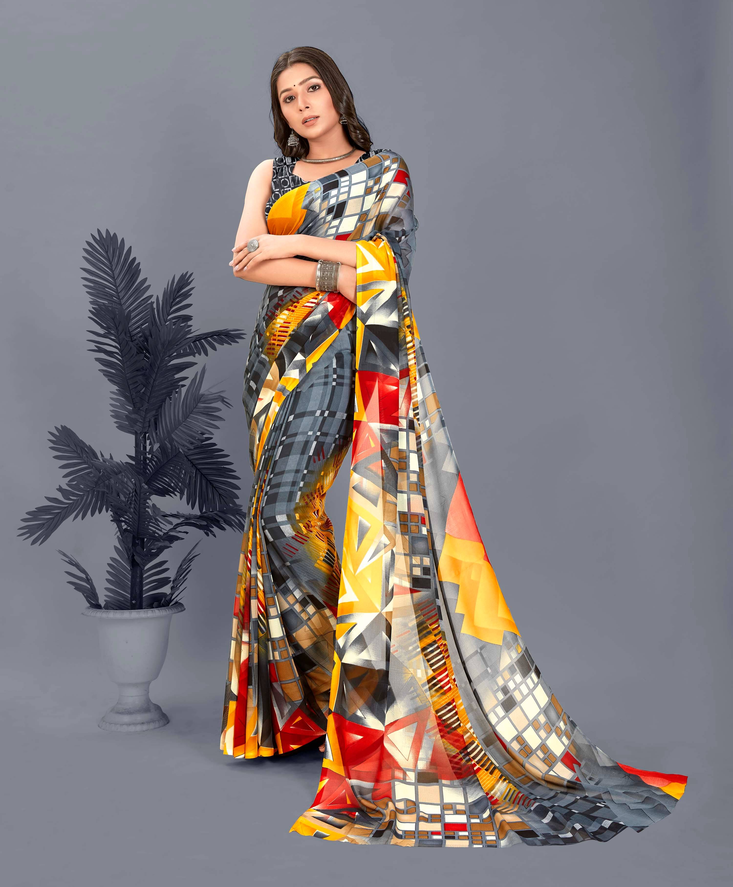 ANAND SAREES Georgette Printed Saree With Unstitched Blouse Piece ( Grey ) ANAND SAREES Georgette Printed Saree With Unstitched Blouse Piece ( Grey )