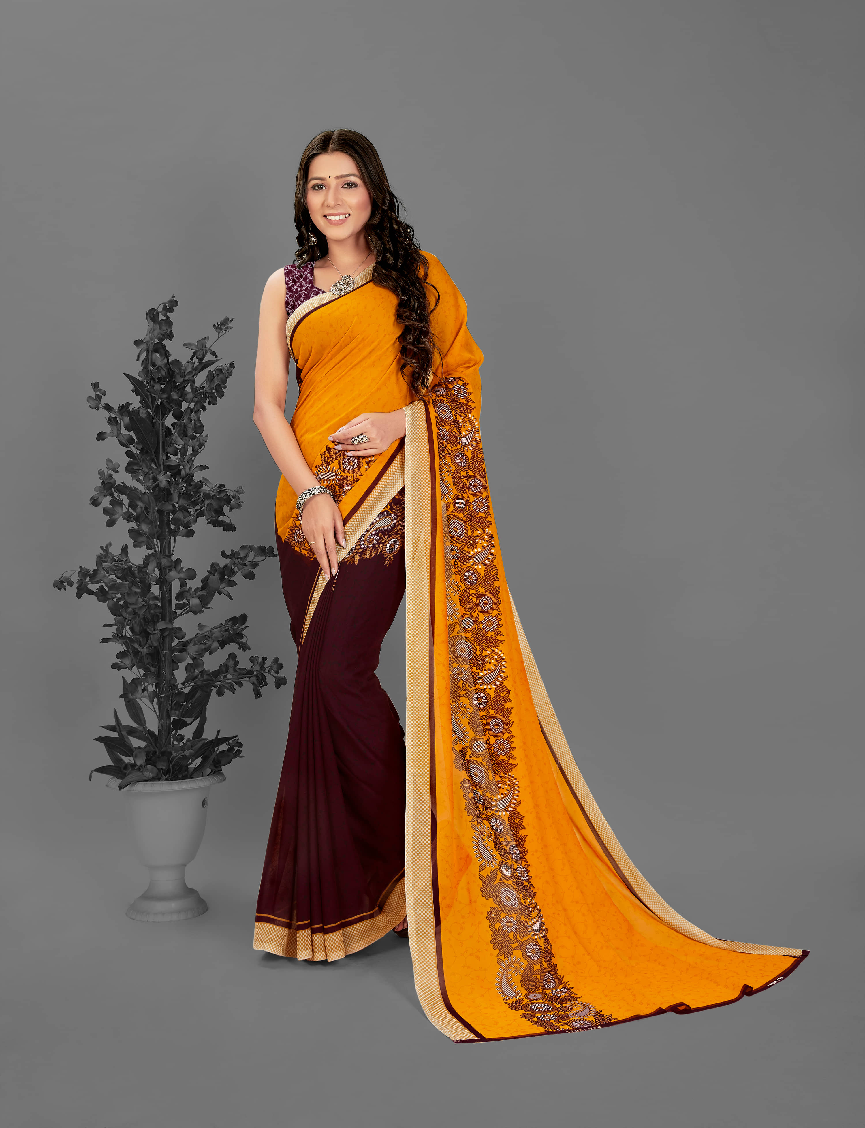 ANAND SAREES Georgette Printed Saree With Unstitched Blouse Piece ( Yellow ) - Sarees | Buy online on ZillyBuy