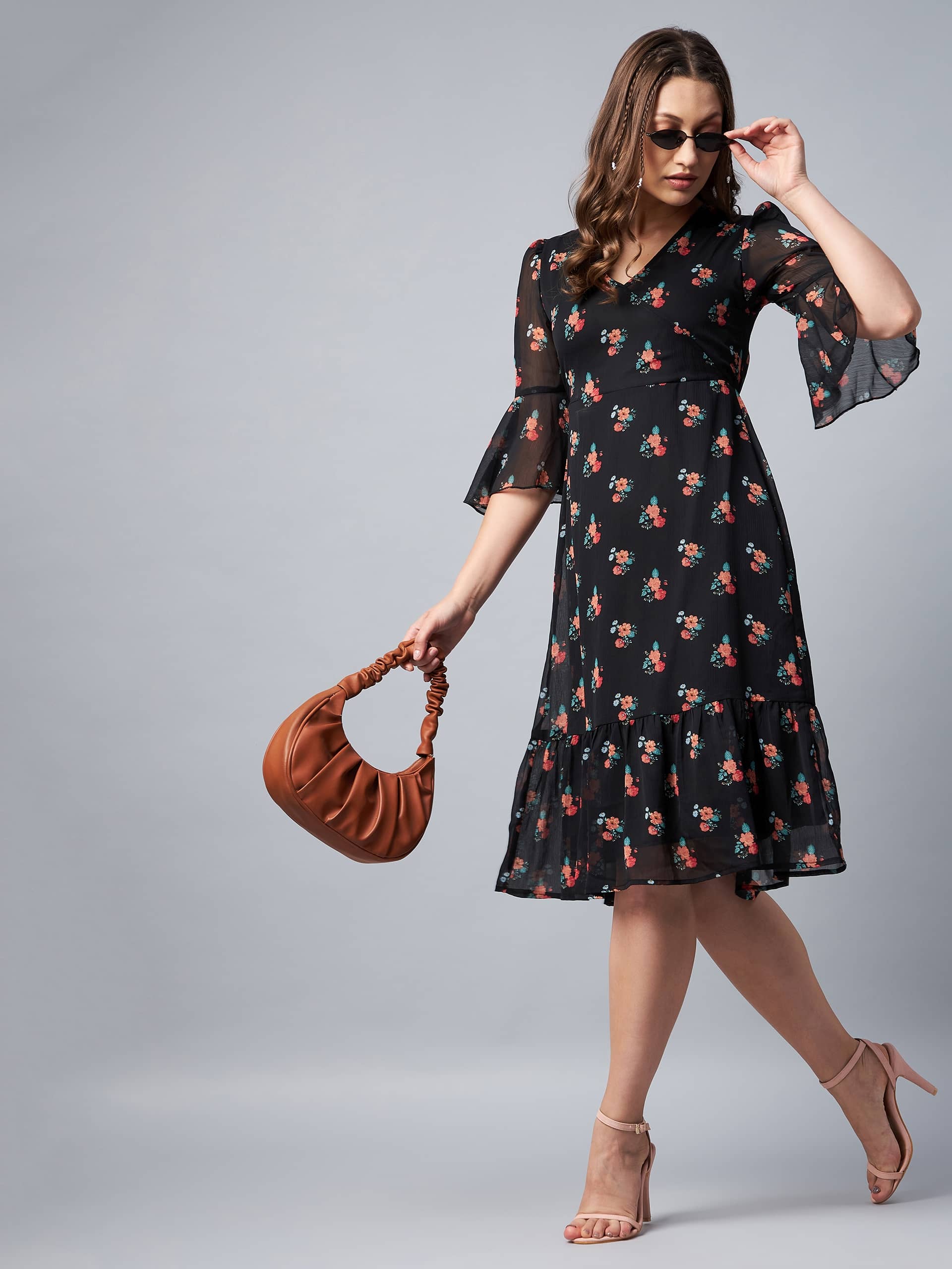 StyleStone Women Chiffon Printed Fit & Flare Dress ( Black )