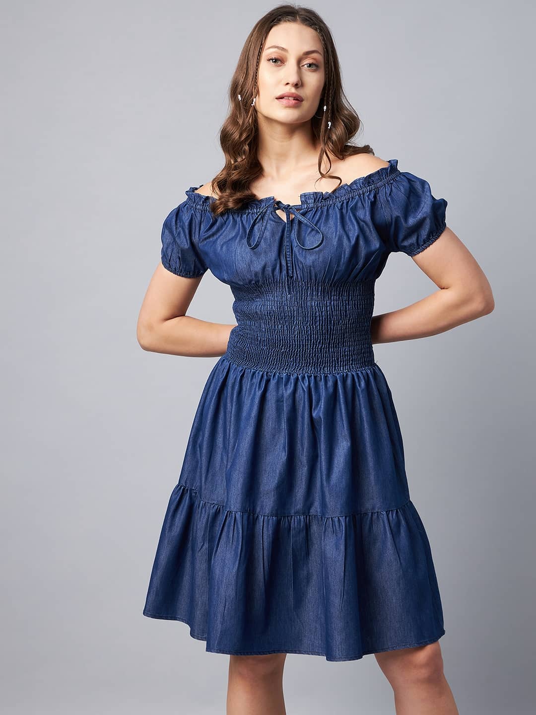 StyleStone Women Denim Solid Fit & Flare Dress ( Blue )