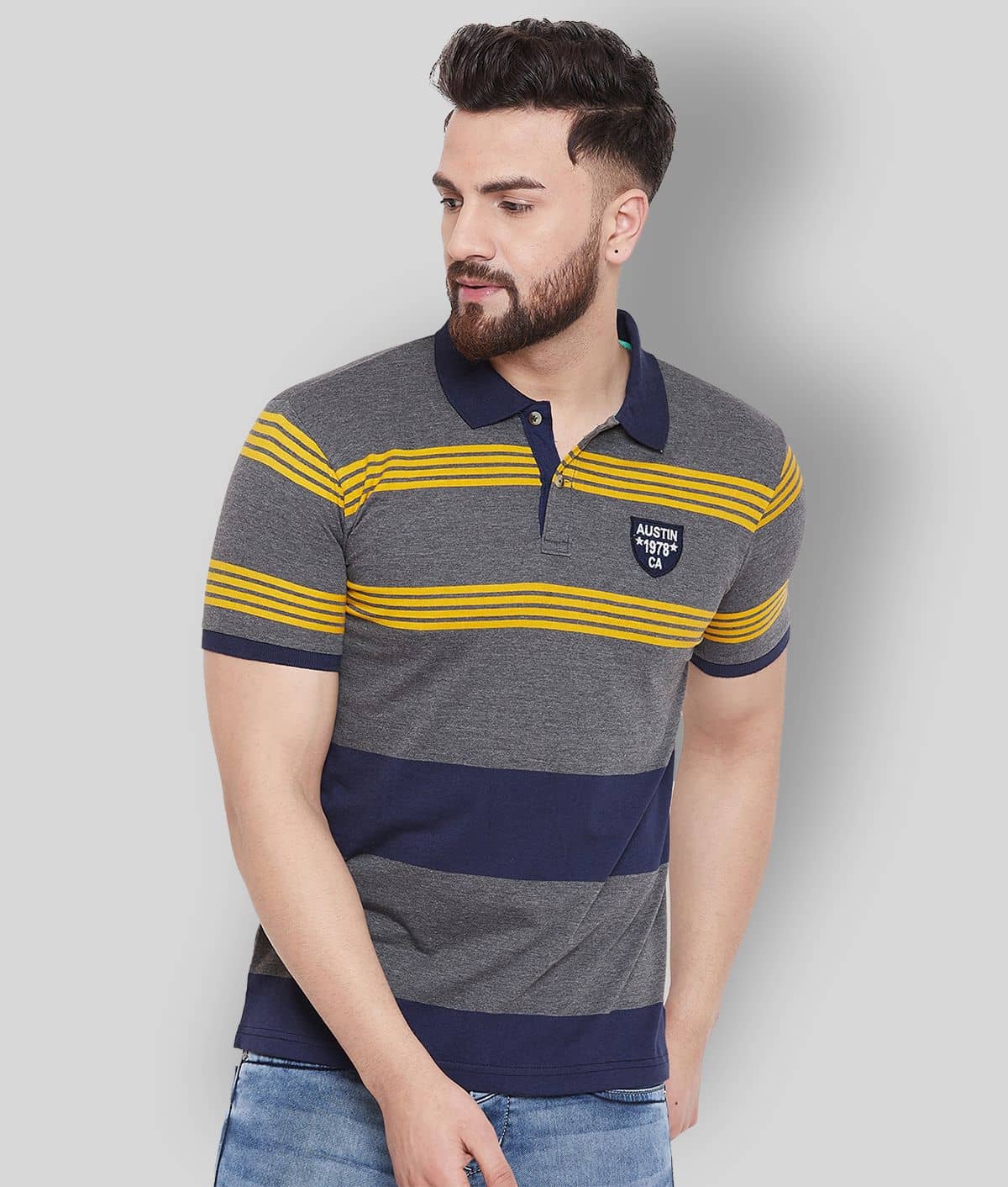 AUSTIN WOOD Pack of 1 Cotton Blend Regular Fit Striped Half Sleeves Men's Polo T Shirt ( Grey )