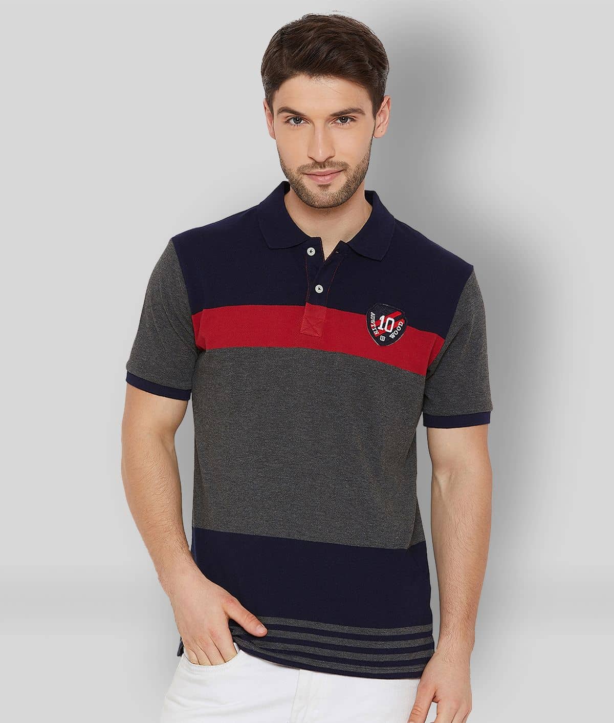 AUSTIN WOOD Pack of 1 Cotton Blend Regular Fit Colorblock Half Sleeves Men's Polo T Shirt ( Grey )