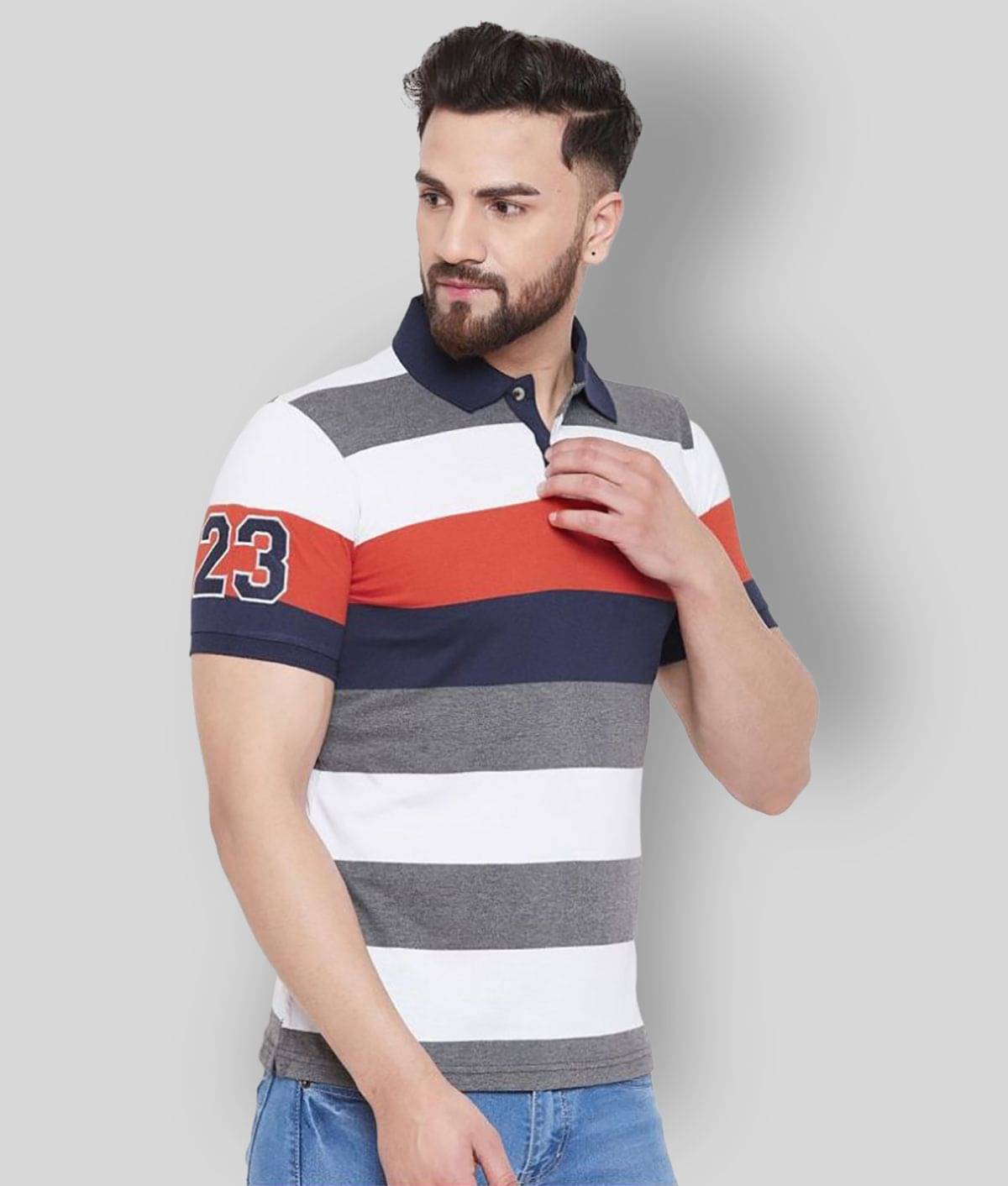 AUSTIN WOOD Pack of 1 Cotton Blend Regular Fit Striped Half Sleeves Men's Polo T Shirt ( Multicolor ) AUSTIN WOOD Pack of 1 Cotton Blend Regular Fit Striped Half Sleeves Men's Polo T Shirt ( Multicolor )