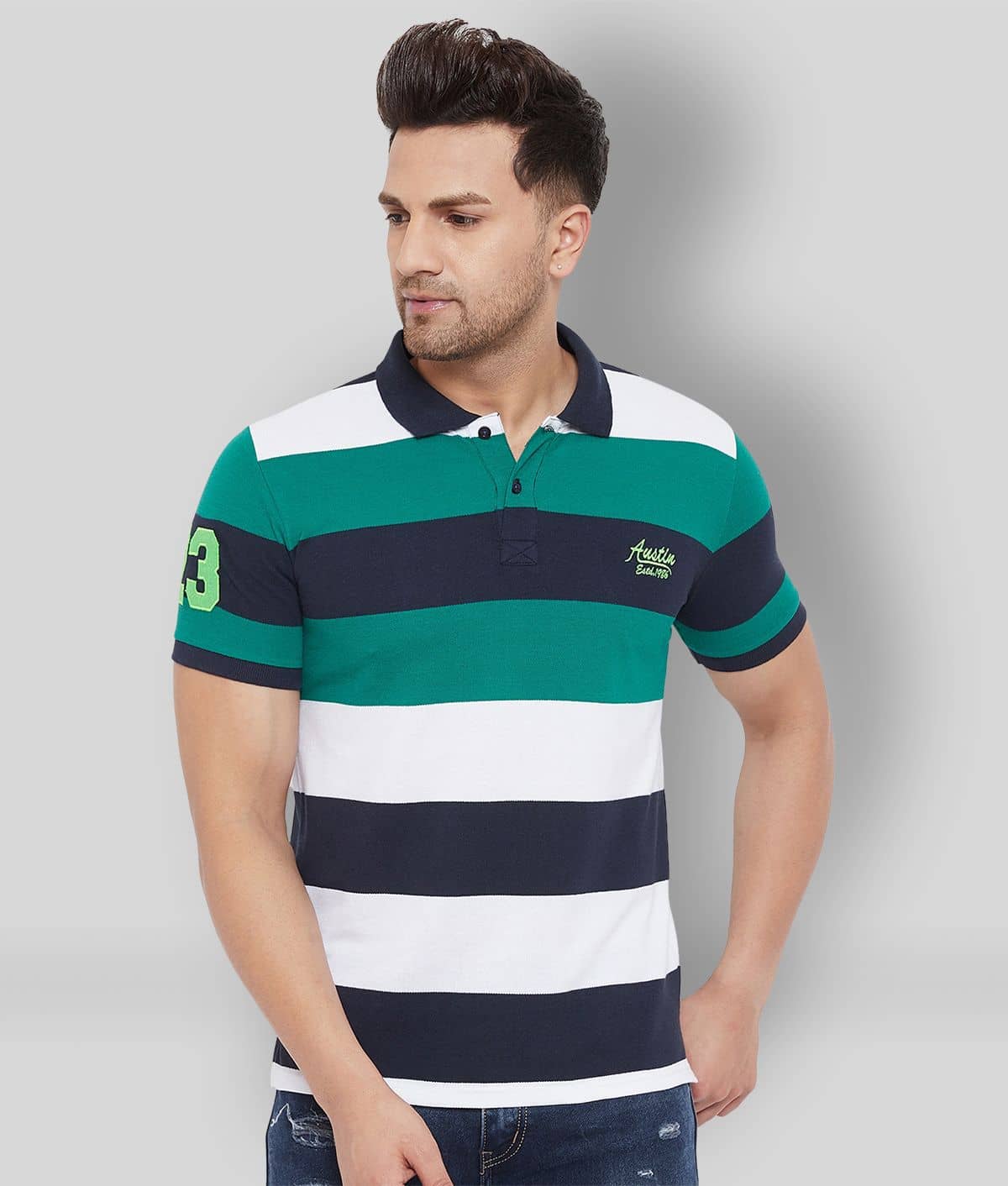 AUSTIN WOOD Pack of 1 Cotton Blend Regular Fit Striped Half Sleeves Men's Polo T Shirt ( Multicolor )