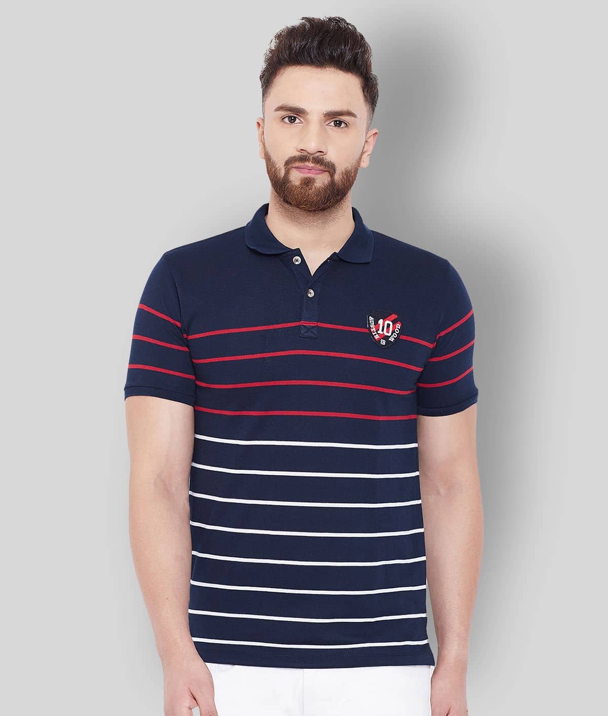 AUSTIN WOOD Pack of 1 Cotton Blend Regular Fit Striped Half Sleeves Men's Polo T Shirt ( Navy )
