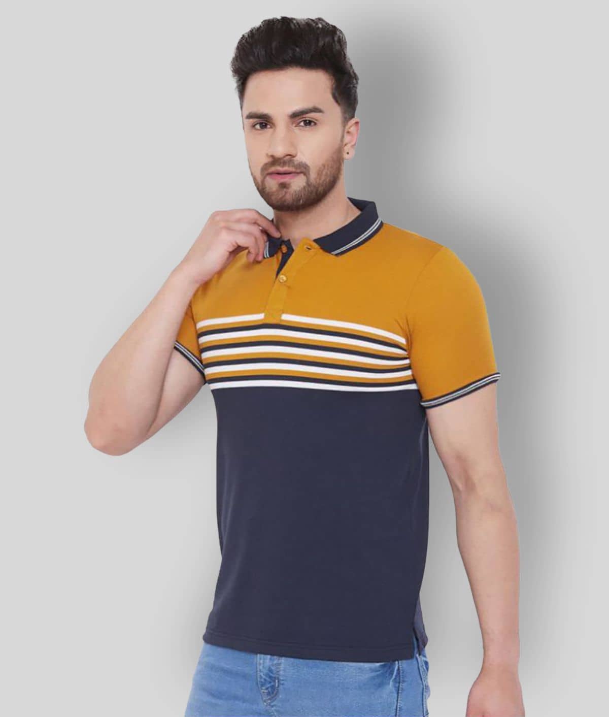 AUSTIN WOOD Pack of 1 Cotton Regular Fit Striped Half Sleeves Men's Polo T Shirt ( Navy )