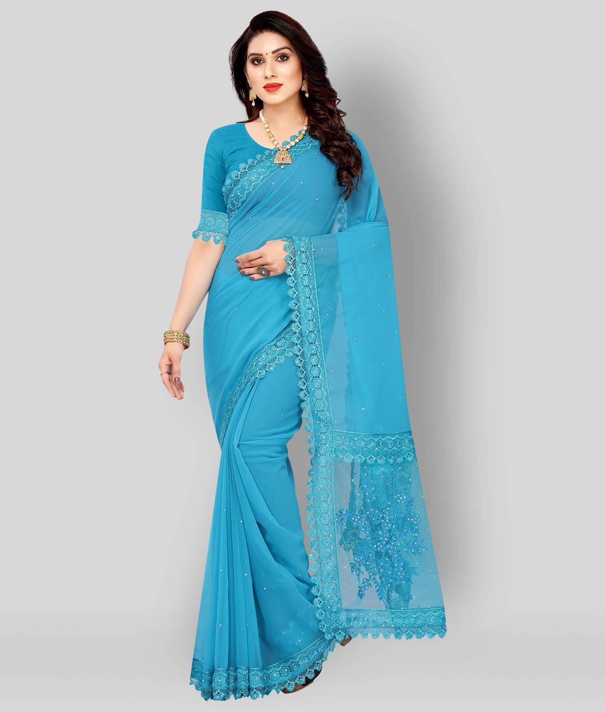 Aika Georgette Embroidered Saree With Unstitched Blouse Piece ( Blue ) Aika Georgette Embroidered Saree With Unstitched Blouse Piece ( Blue )