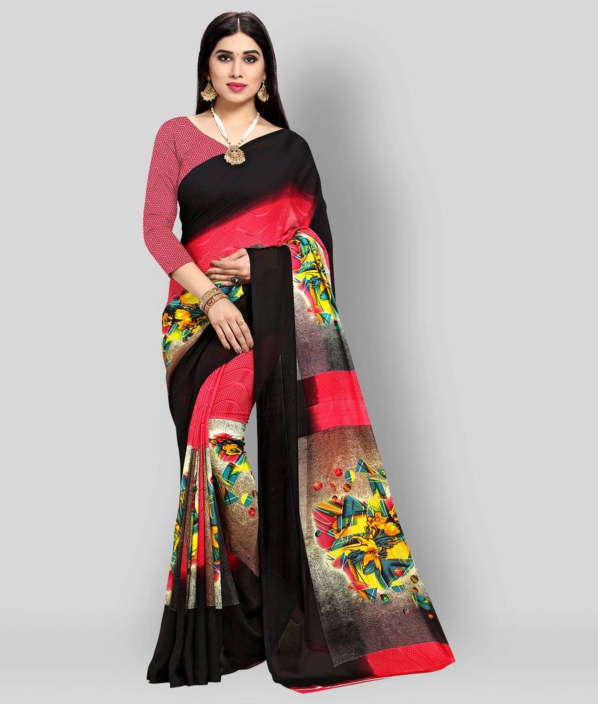 Anand Georgette Saree With Unstitched Blouse Piece ( Black ) Anand Georgette Saree With Unstitched Blouse Piece ( Black )