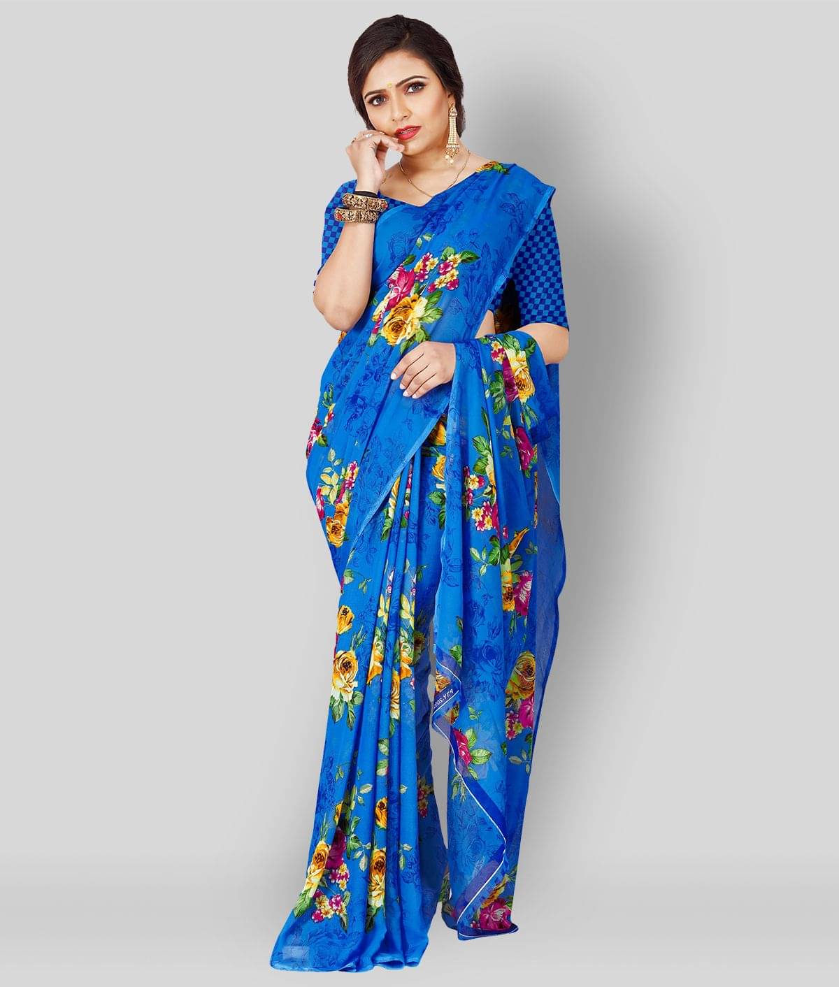 Anand Georgette Saree With Unstitched Blouse Piece ( Blue ) Anand Georgette Saree With Unstitched Blouse Piece ( Blue )