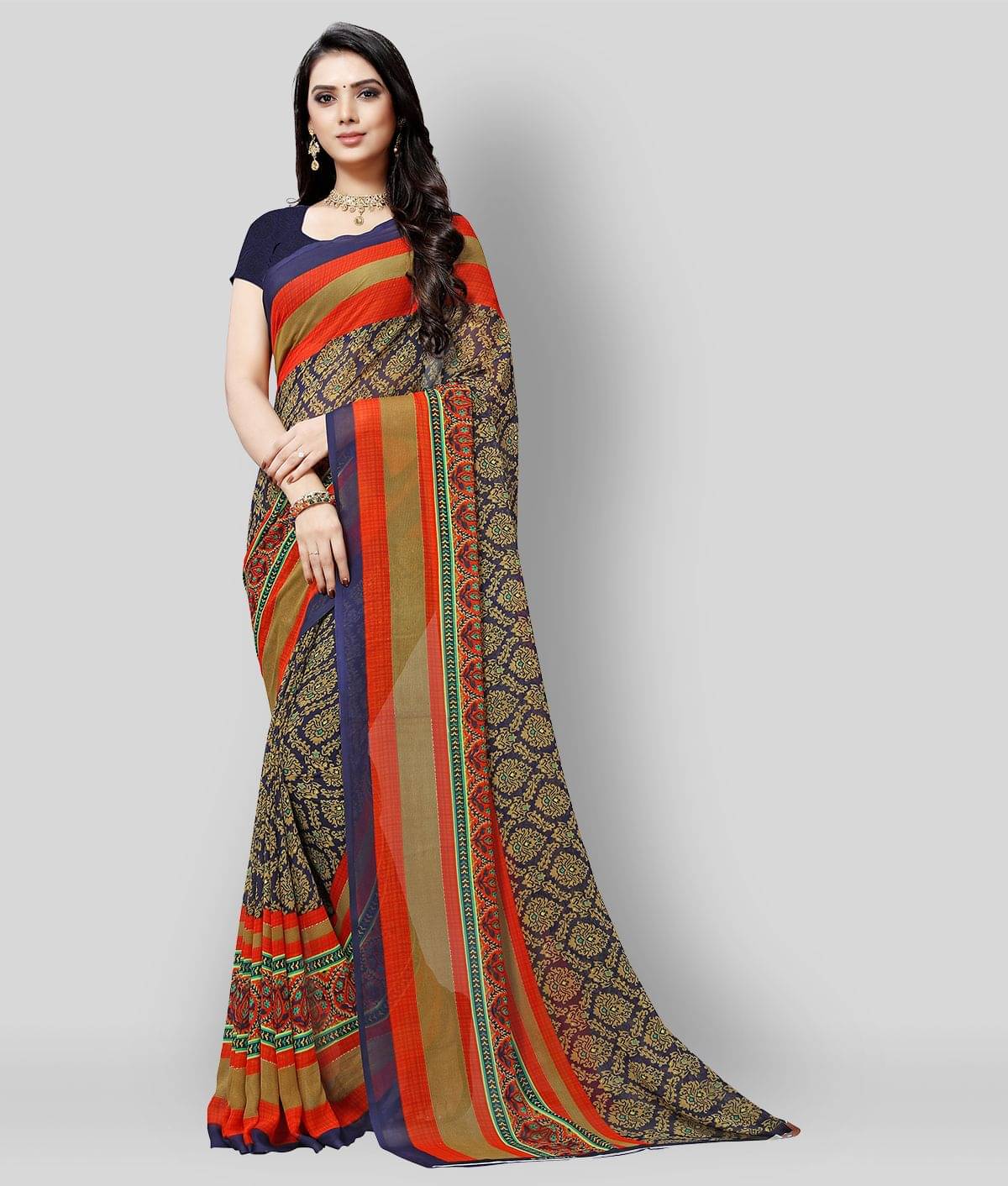 Anand Georgette Saree With Unstitched Blouse Piece ( Blue ) Anand Georgette Saree With Unstitched Blouse Piece ( Blue )