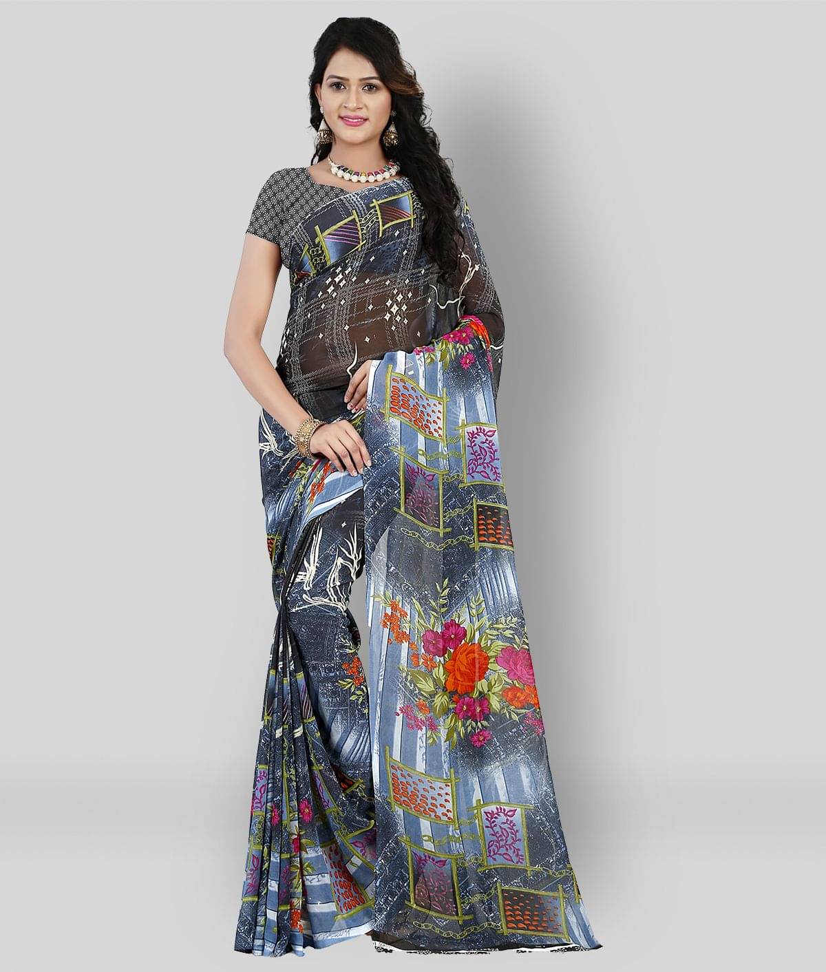     			Anand Georgette Saree With Unstitched Blouse Piece ( Grey )