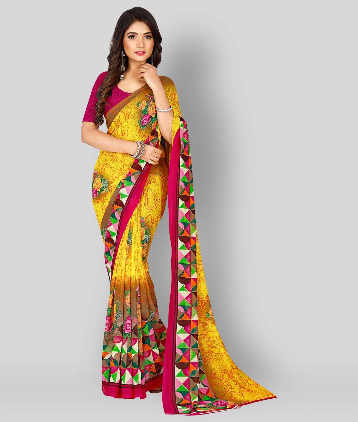     			Anand Georgette Saree With Unstitched Blouse Piece ( Yellow )