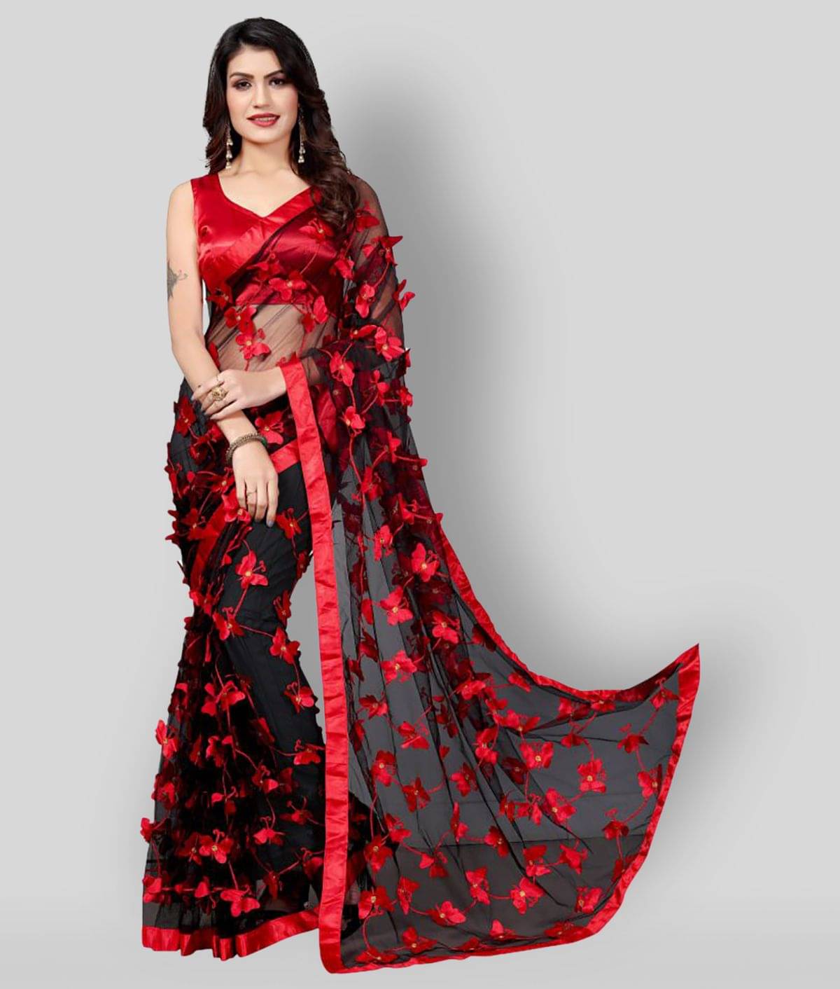 Apnisha Net Embroidered Saree With Unstitched Blouse Piece ( Black )     			Apnisha Net Embroidered Saree With Unstitched Blouse Piece ( Black )