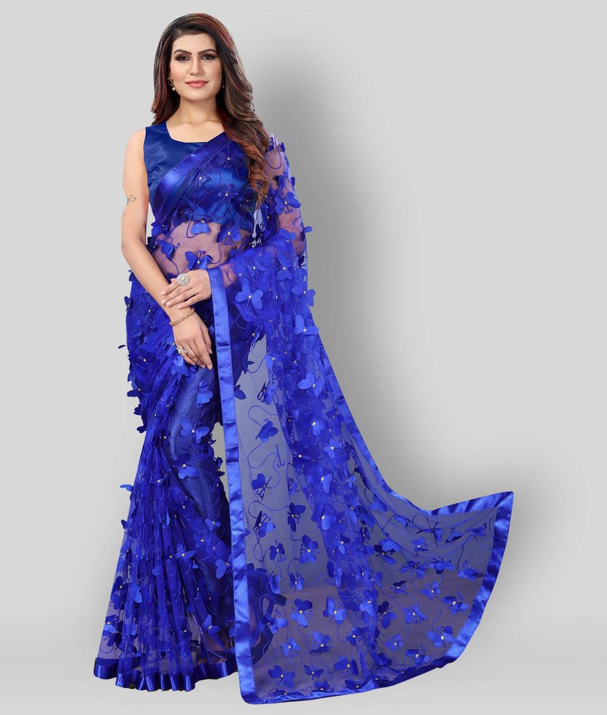 Apnisha Net Saree With Unstitched Blouse Piece ( Blue ) Apnisha Net Saree With Unstitched Blouse Piece ( Blue )
