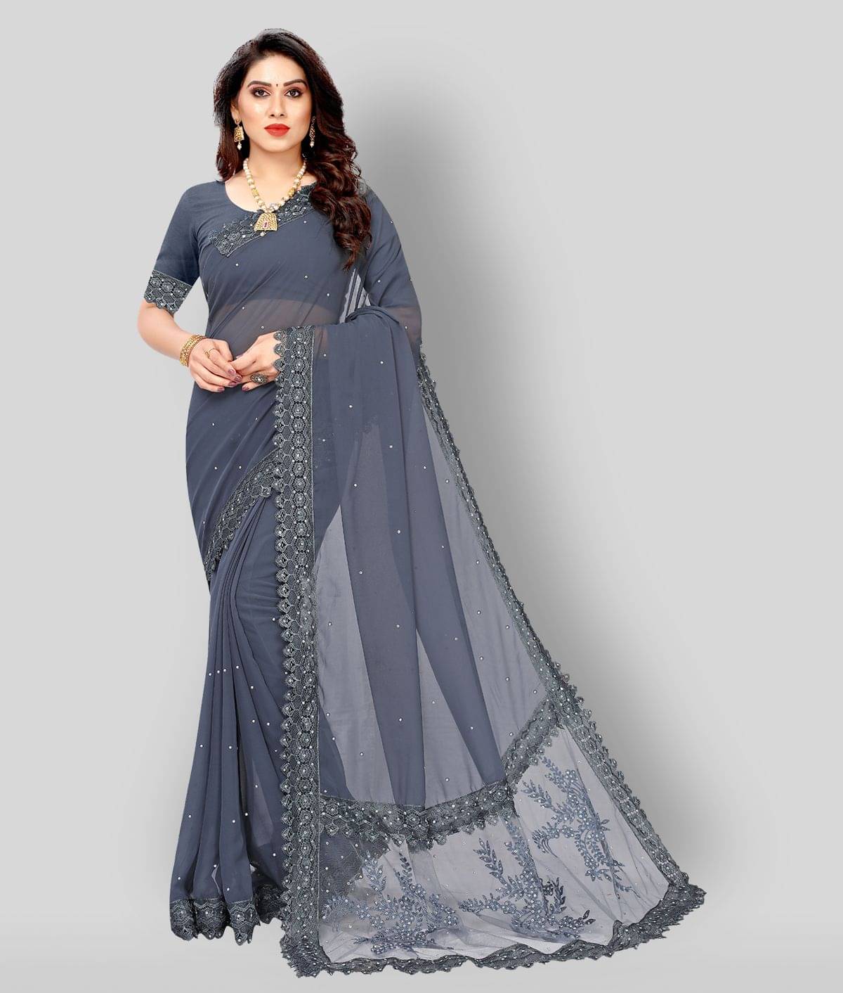 Apnisha Georgette Embroidered Saree With Unstitched Blouse Piece ( Grey ) Apnisha Georgette Embroidered Saree With Unstitched Blouse Piece ( Grey )