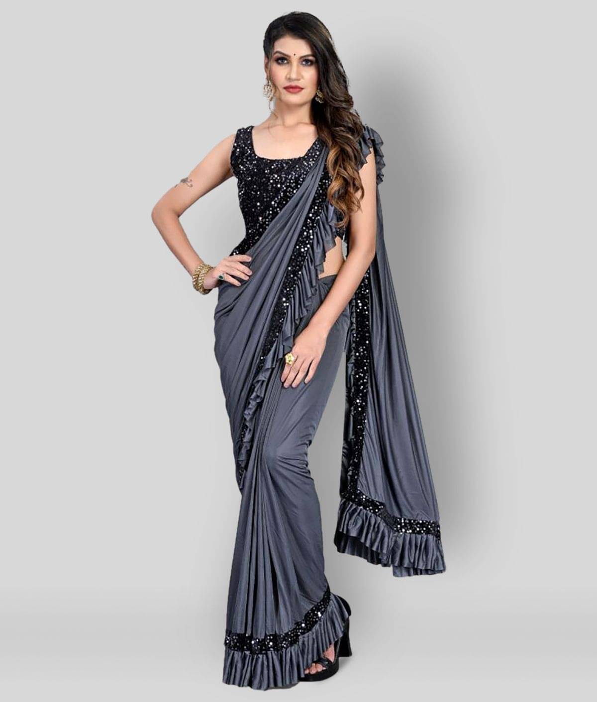 Apnisha Lycra Saree With Unstitched Blouse Piece ( Grey ) Apnisha Lycra Saree With Unstitched Blouse Piece ( Grey )