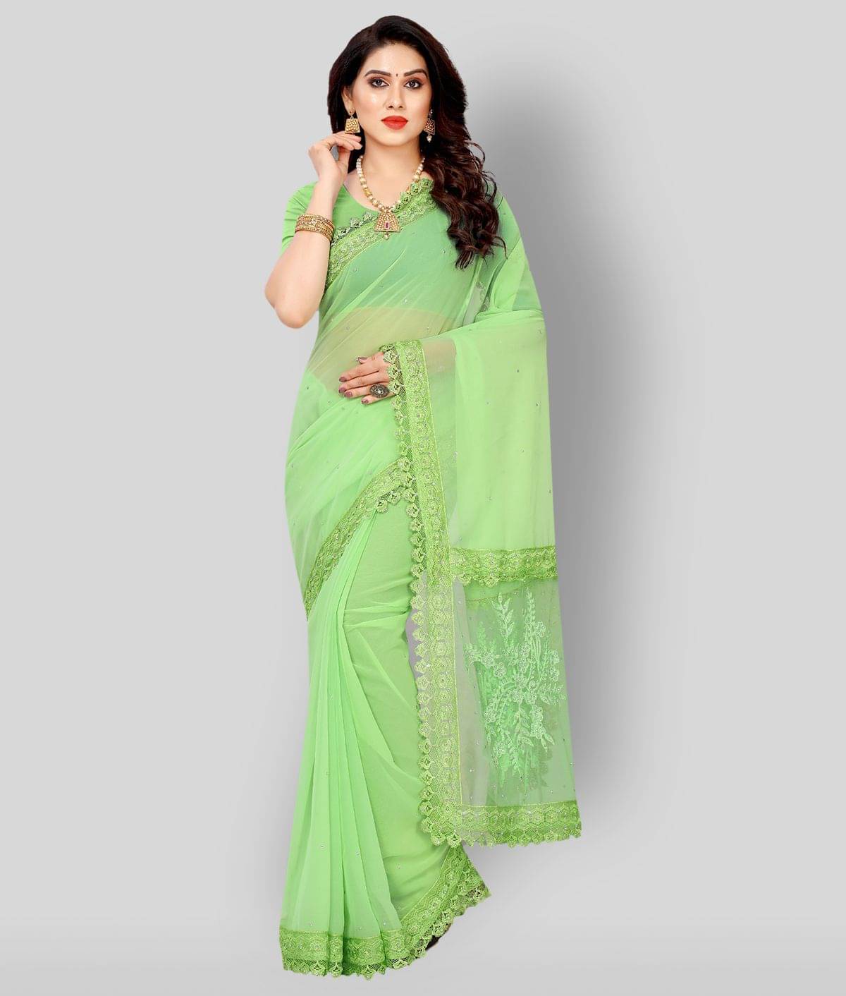     			Apnisha Georgette Saree With Unstitched Blouse Piece ( Light Green )
