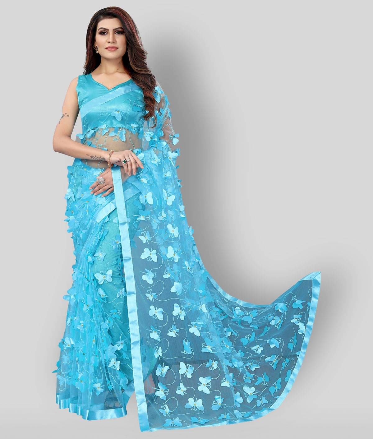 Apnisha Net Embroidered Saree With Unstitched Blouse Piece ( LightBLue ) Apnisha Net Embroidered Saree With Unstitched Blouse Piece ( LightBLue )