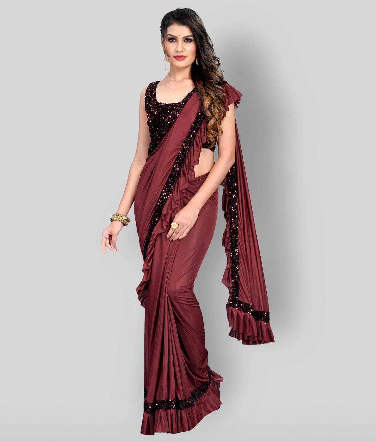 Apnisha Cotton Blend Sequined Saree With Unstitched Blouse Piece ( Maroon ) Apnisha Cotton Blend Sequined Saree With Unstitched Blouse Piece ( Maroon )