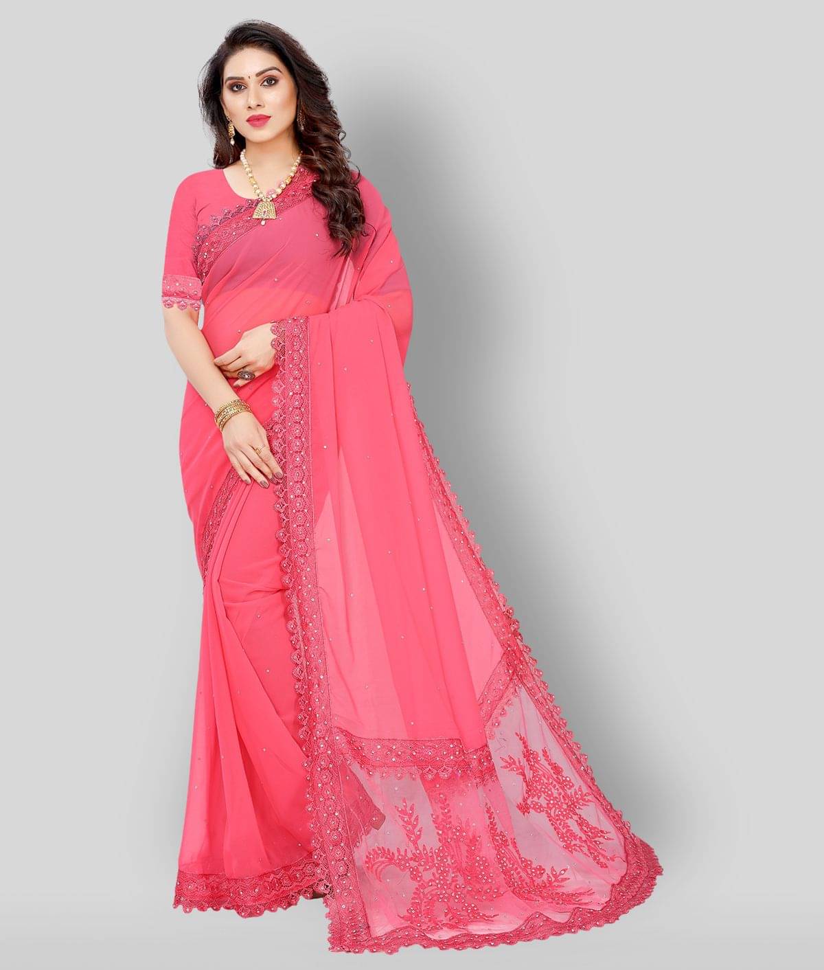     			Apnisha Georgette Saree With Unstitched Blouse Piece ( Peach )