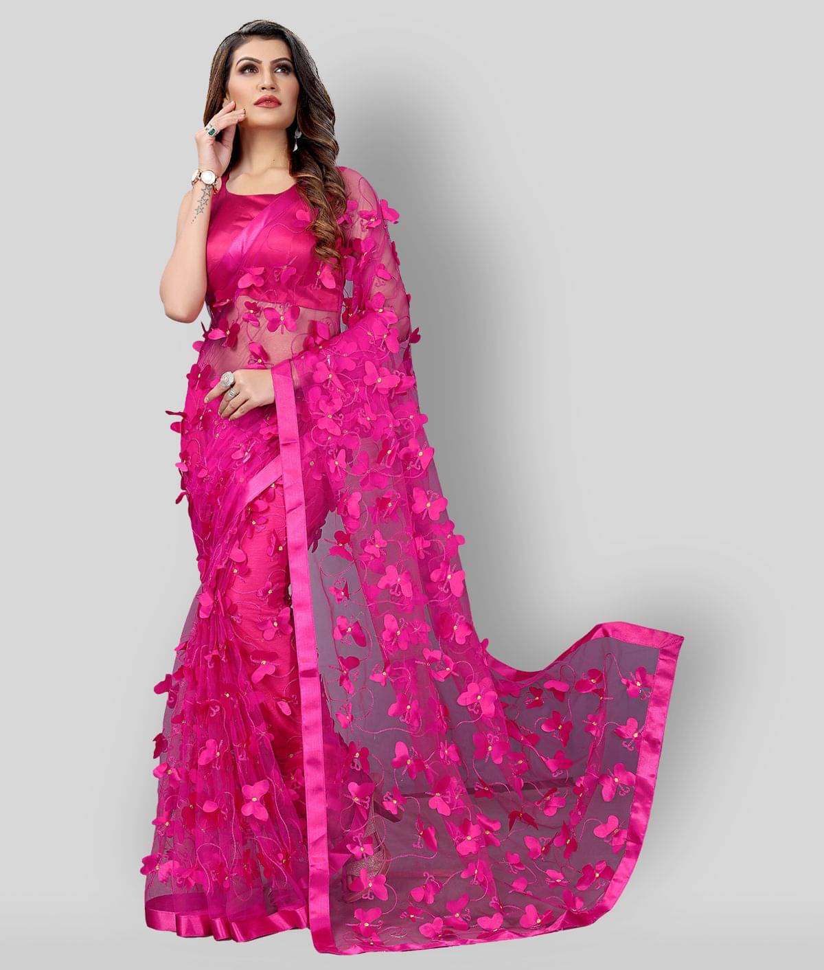 Apnisha Net Saree With Unstitched Blouse Piece ( Pink ) Apnisha Net Saree With Unstitched Blouse Piece ( Pink )
