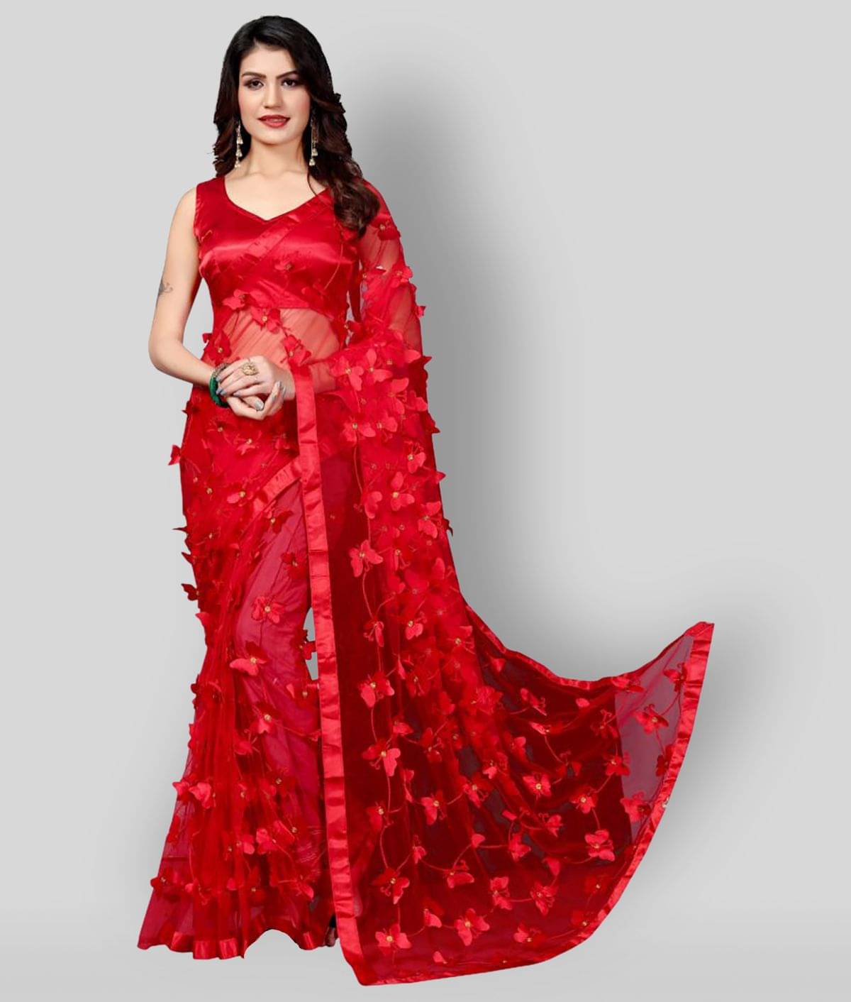 Apnisha Net Saree With Unstitched Blouse Piece ( Red ) Apnisha Net Saree With Unstitched Blouse Piece ( Red )