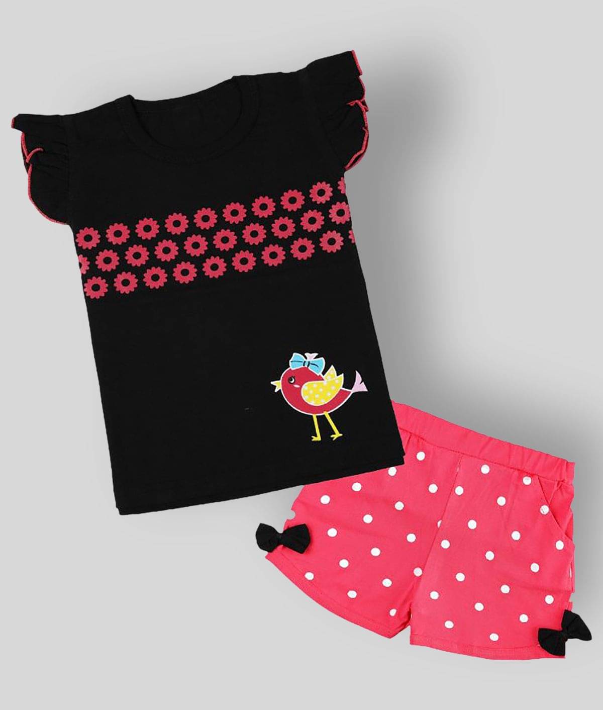     			CATCUB Pack of 1 Girls 100% Cotton Top With Shorts ( Black )