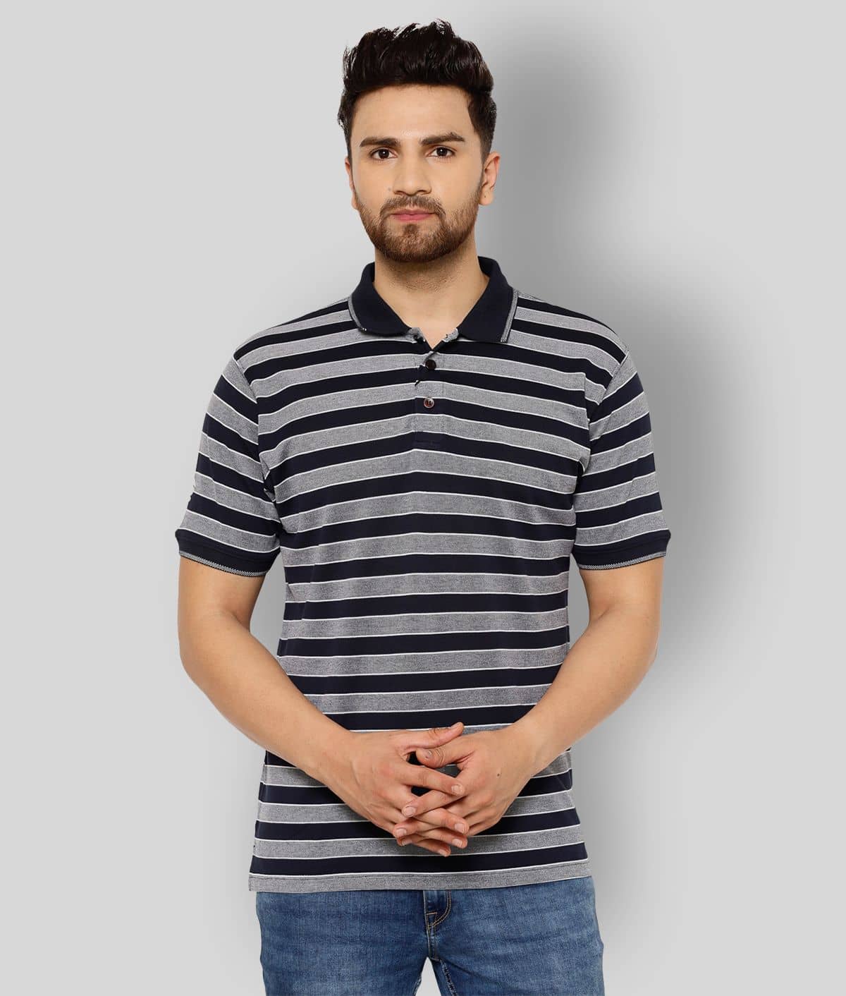 EPPE Pack of 1 Cotton Regular Fit Striped Half Sleeves Men's Polo T Shirt ( Grey )
