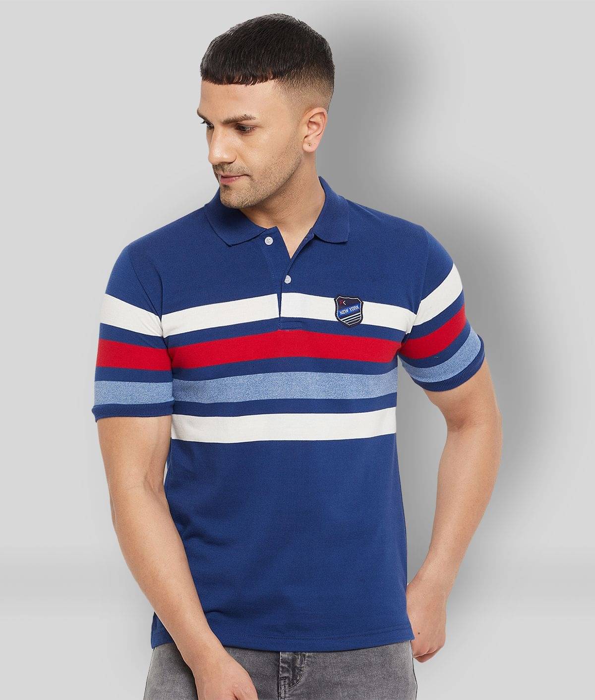 First Krush Pack of 1 Cotton Blend Regular Fit Striped Half Sleeves Men's Polo T Shirt ( Blue )     			First Krush Pack of 1 Cotton Blend Regular Fit Striped Half Sleeves Men's Polo T Shirt ( Blue )