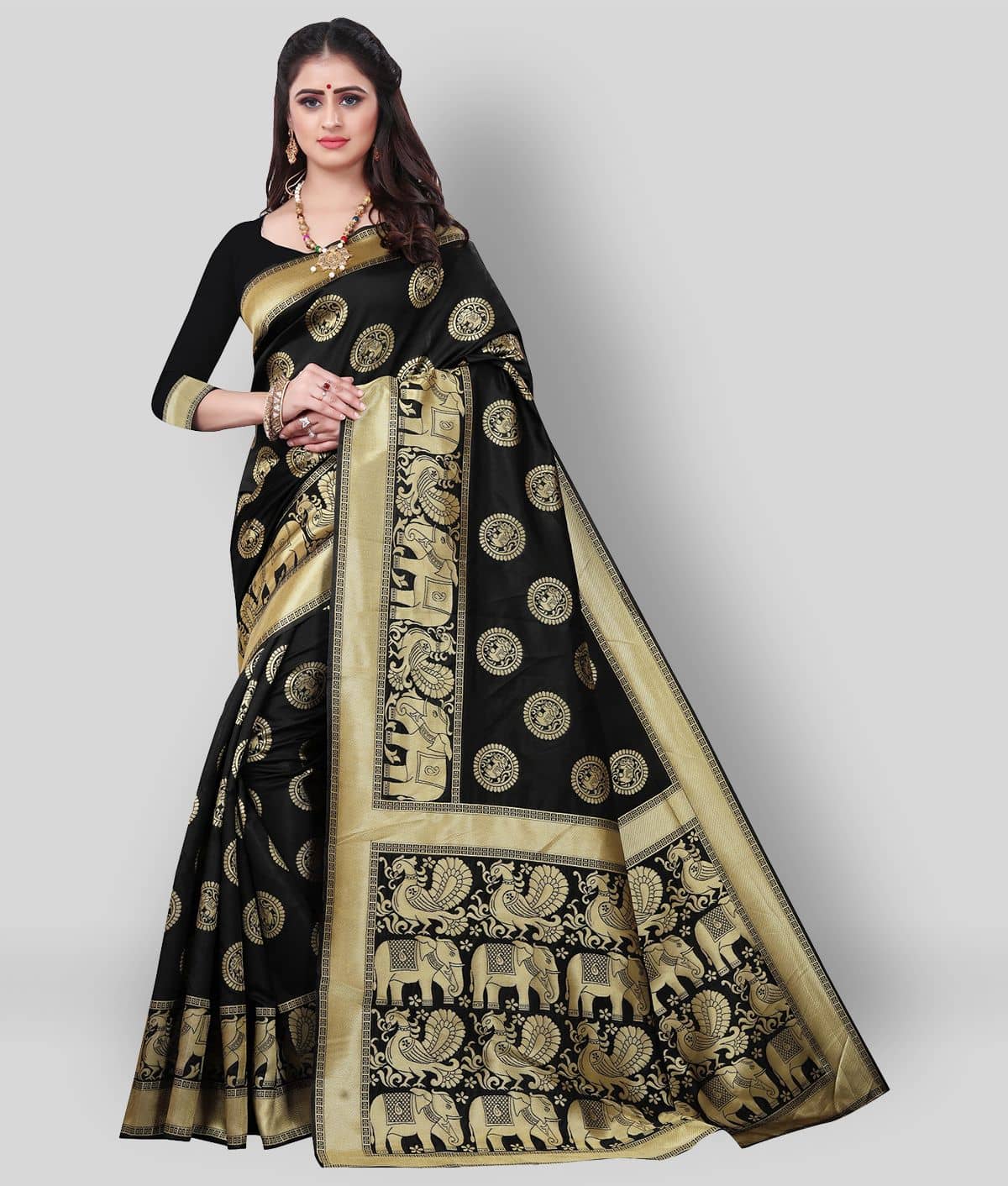 Gazal Fashions Banarasi Silk Saree With Unstitched Blouse Piece ( Black ) - Sarees | Buy online on ZillyBuy