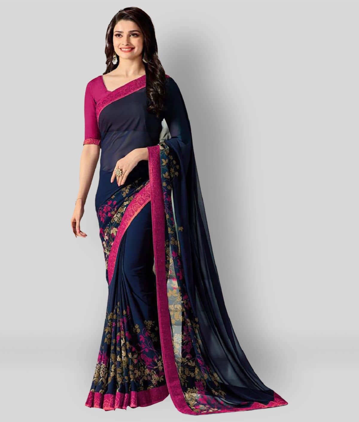 Gazal Fashions Chiffon Printed Saree With Unstitched Blouse Piece ( Blue ) - Sarees | Buy online on ZillyBuy