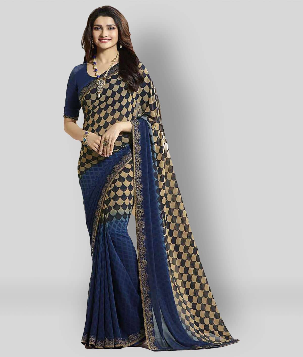 Gazal Fashions Silk Blend Printed Saree With Unstitched Blouse Piece ( Blue ) - Sarees | Buy online on ZillyBuy