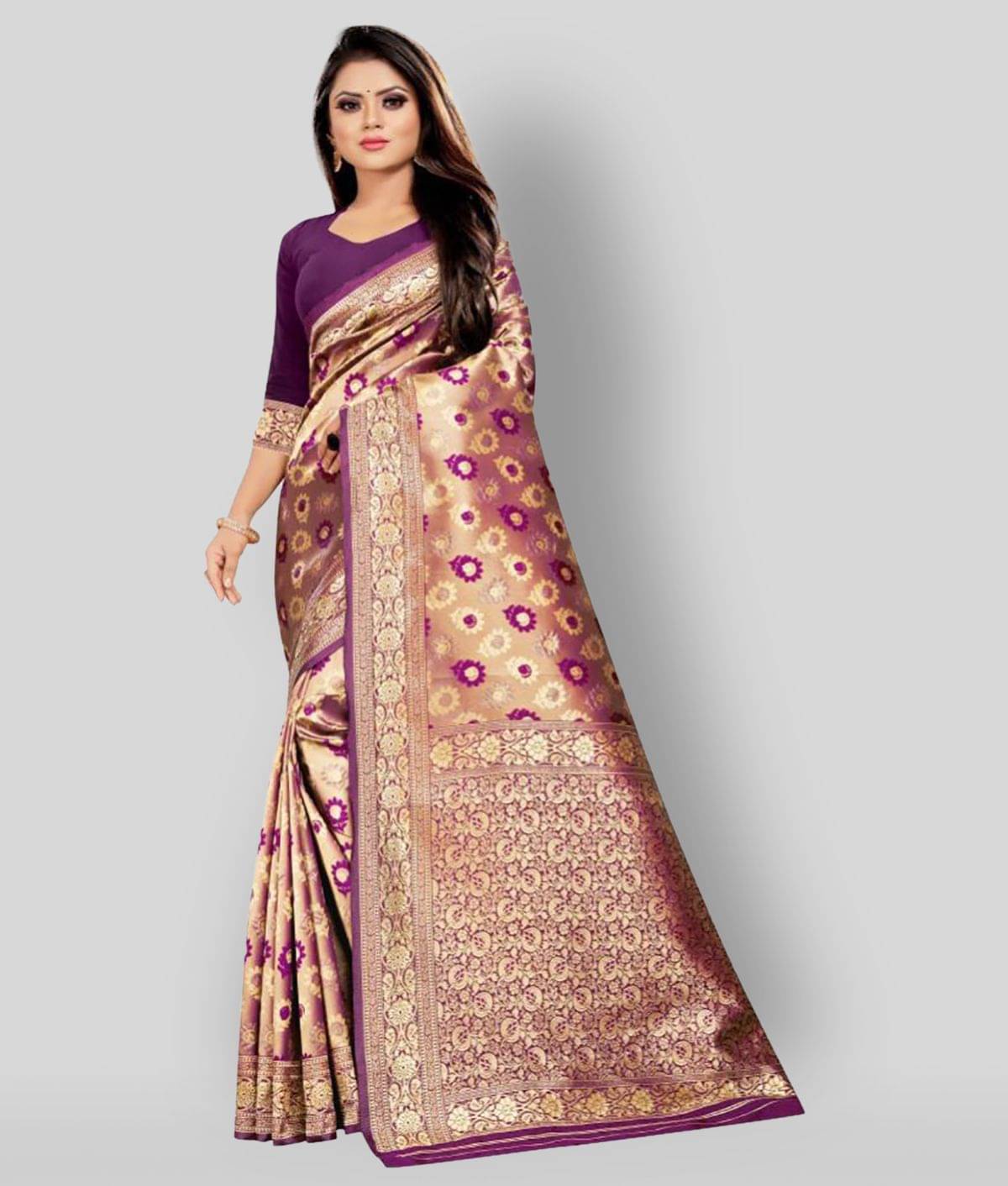 Gazal Fashions Banarasi Silk Printed Saree With Unstitched Blouse Piece ( Gold ) Gazal Fashions Banarasi Silk Printed Saree With Unstitched Blouse Piece ( Gold )