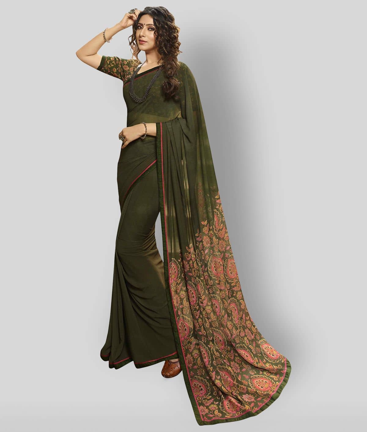 Gazal Fashions Chiffon Printed Saree With Unstitched Blouse Piece ( Green ) - Sarees | Buy online on ZillyBuy