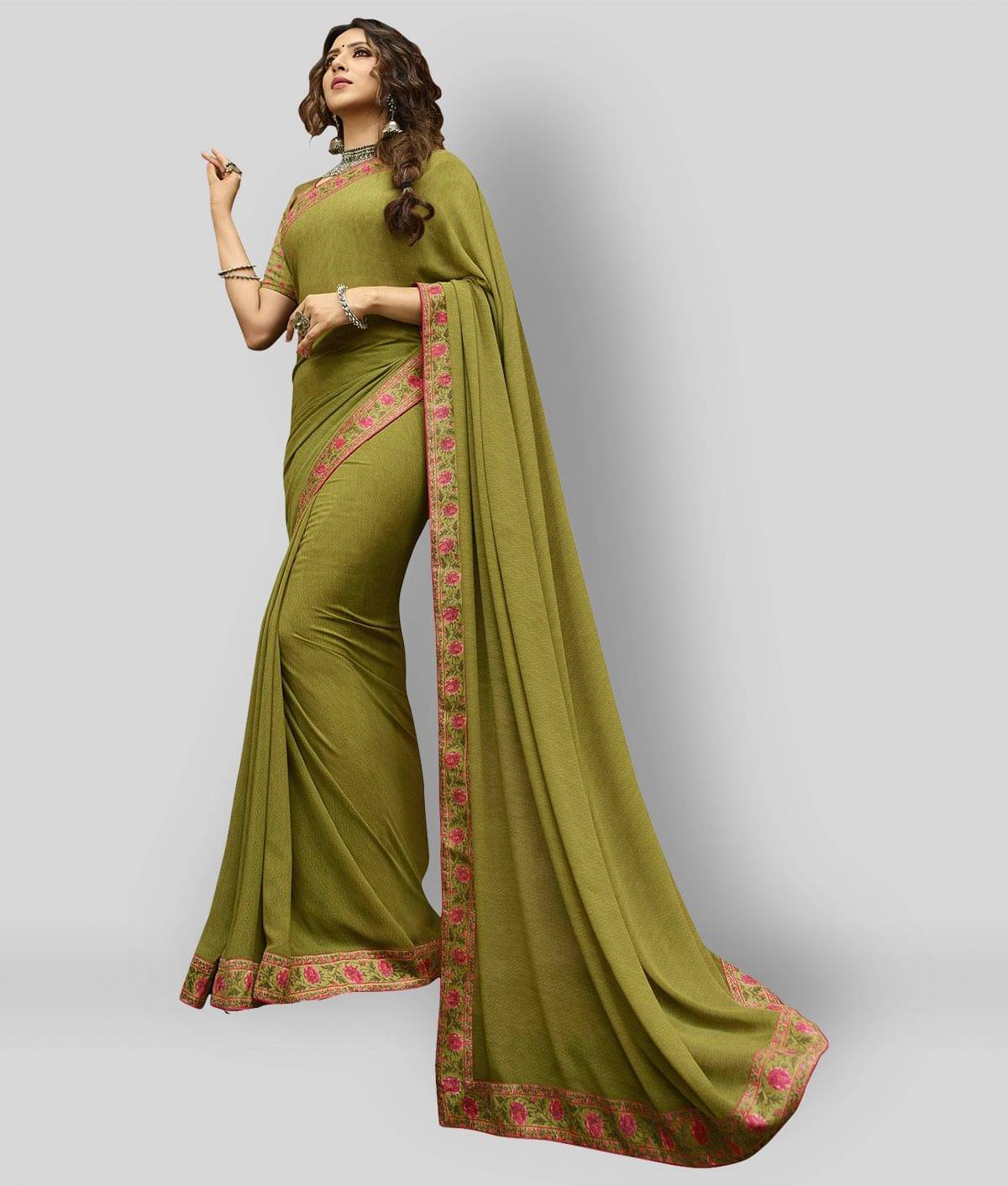 Gazal Fashions Chiffon Solid Saree With Unstitched Blouse Piece ( Green ) Gazal Fashions Chiffon Solid Saree With Unstitched Blouse Piece ( Green )