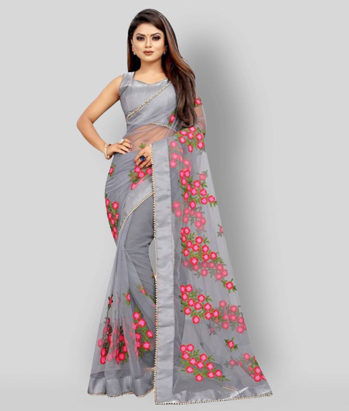     			Gazal Fashions Net Printed Saree With Unstitched Blouse Piece ( Light Grey )