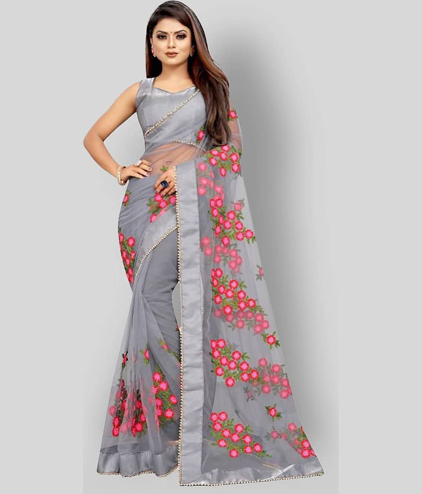 Gazal Fashions Net Printed Saree With Unstitched Blouse Piece ( Light Grey ) - Sarees | Buy online on ZillyBuy