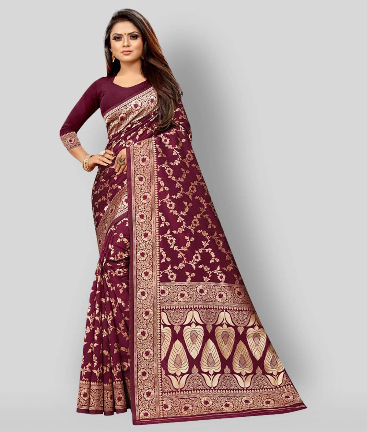     			Gazal Fashions Silk Blend Printed Saree With Unstitched Blouse Piece ( Maroon )