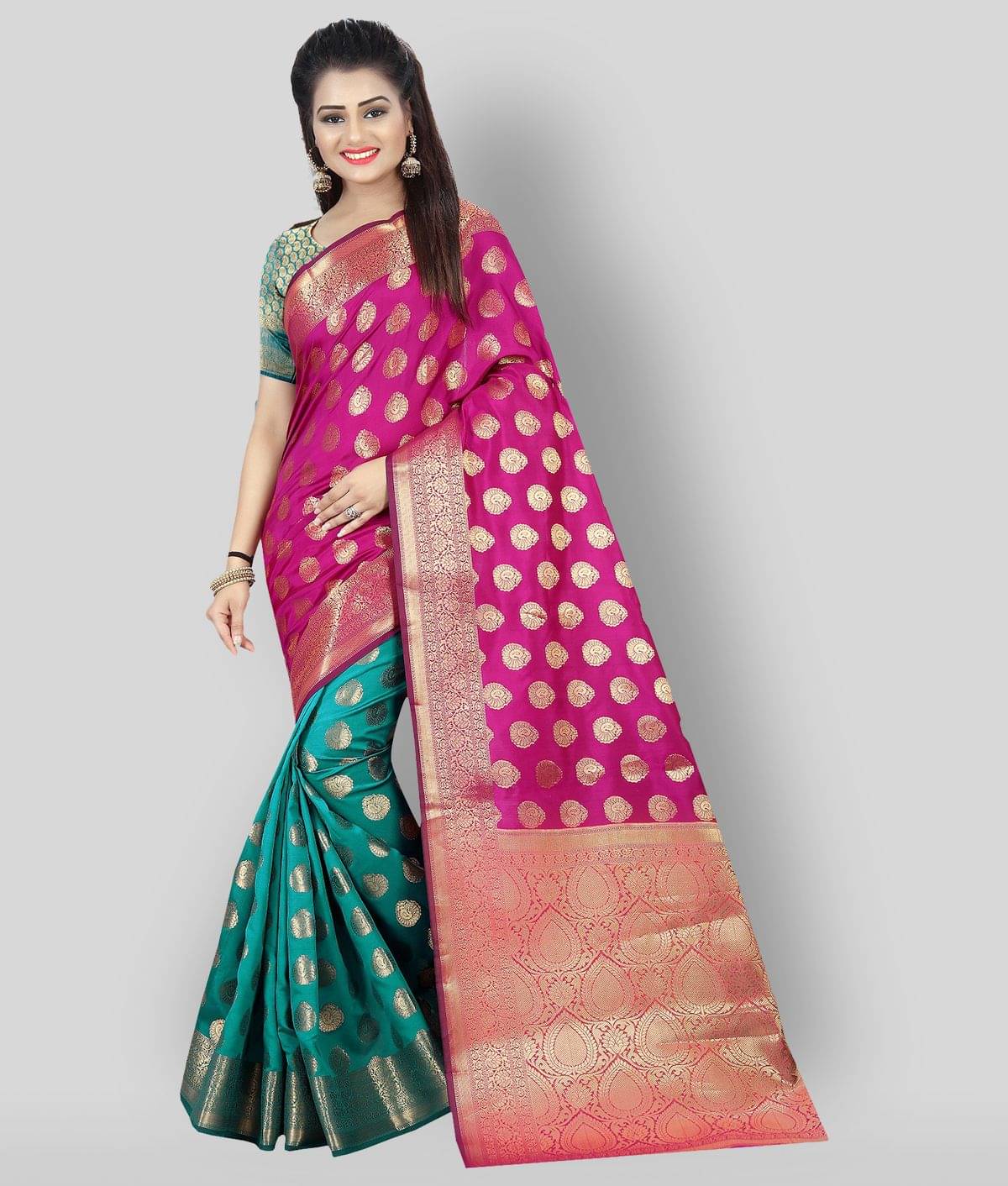     			Gazal Fashions Banarasi Silk Printed Saree With Unstitched Blouse Piece ( Multicolor )