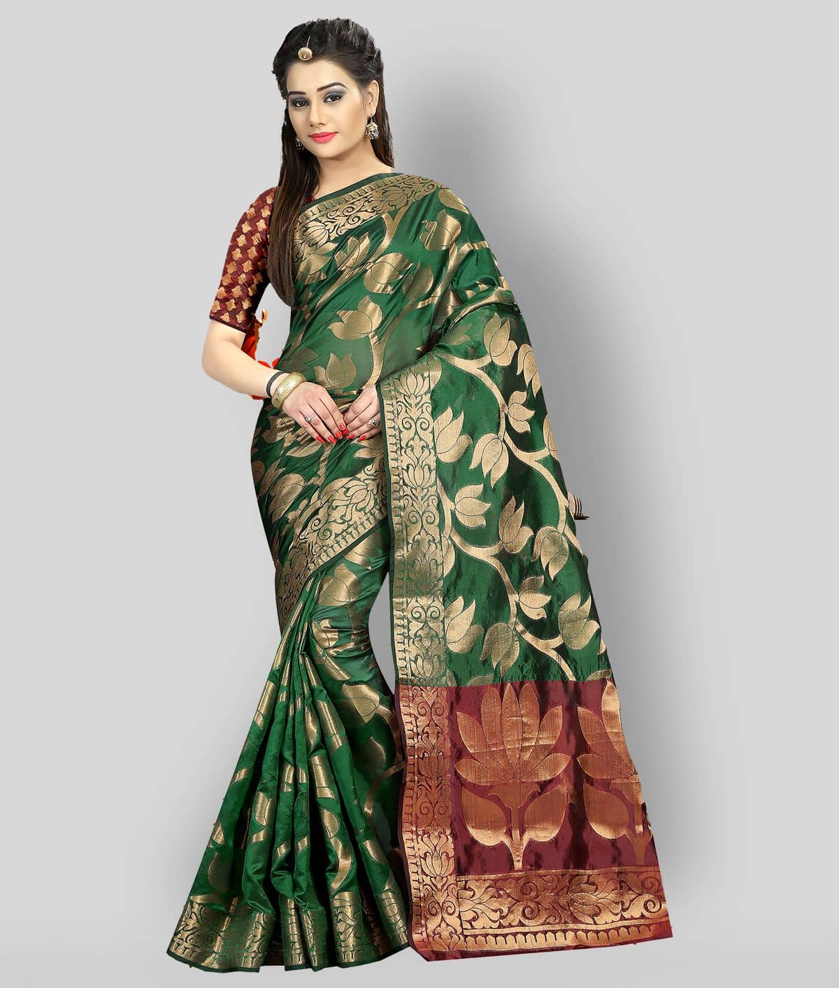 Gazal Fashions Banarasi Silk Printed Saree With Unstitched Blouse Piece ( Multicolor ) - Sarees | Buy online on ZillyBuy