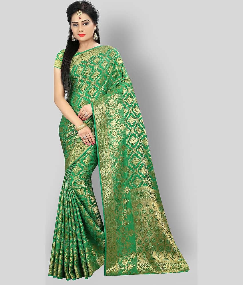 Gazal Fashions Banarasi Silk Saree With Unstitched Blouse Piece ( Green ) - Sarees | Buy online on ZillyBuy